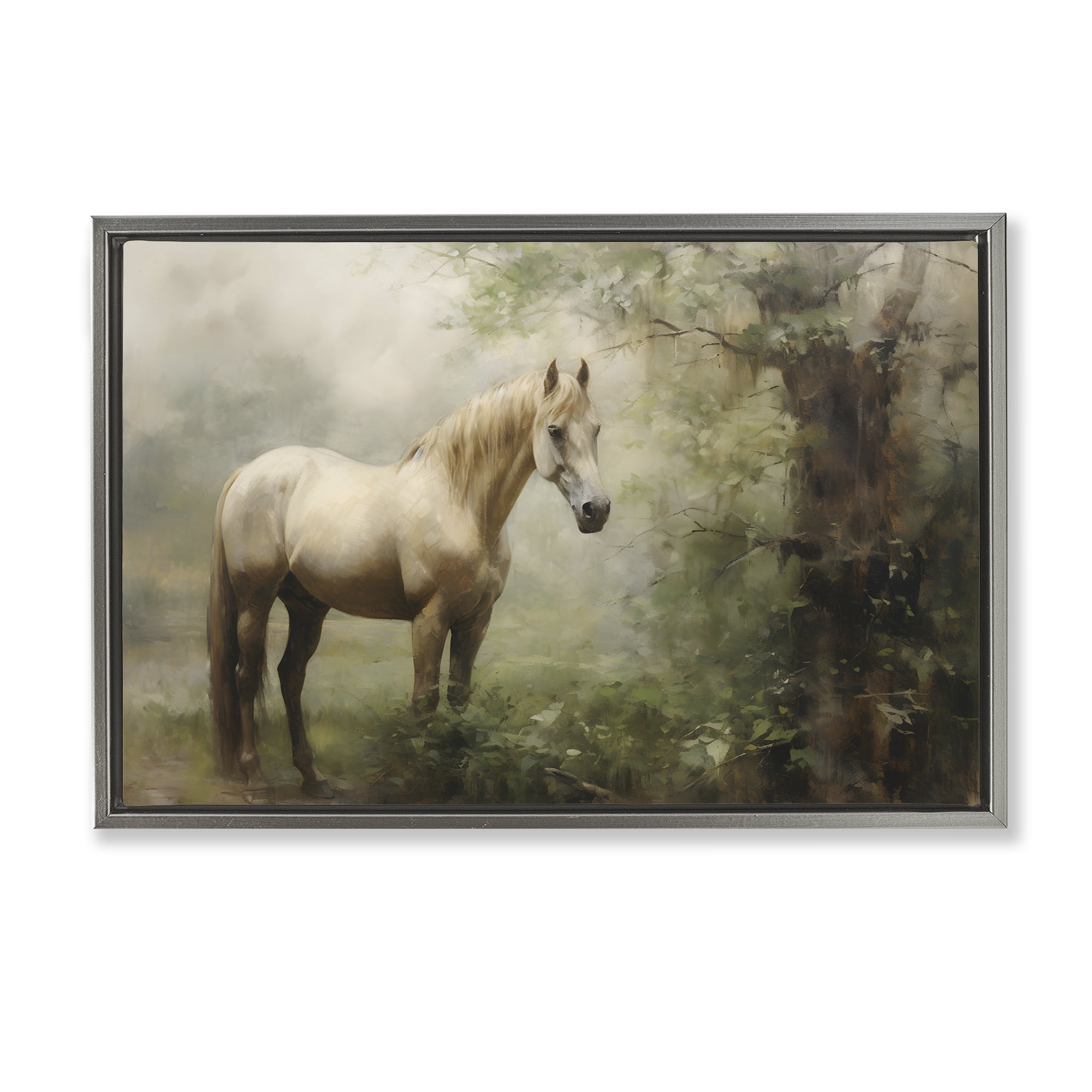 Stupell Industries Horse in Forest Woods Landscape Painting Gray Floater Framed Canvas Art Print Wall Art, 31 x 21