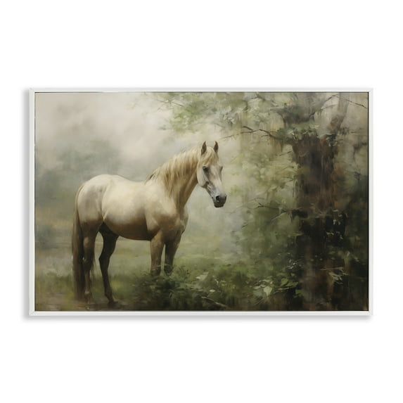 Stupell Industries Horse in Forest Woods Landscape Painting White Framed Art Print Wall Art, 18 x 12