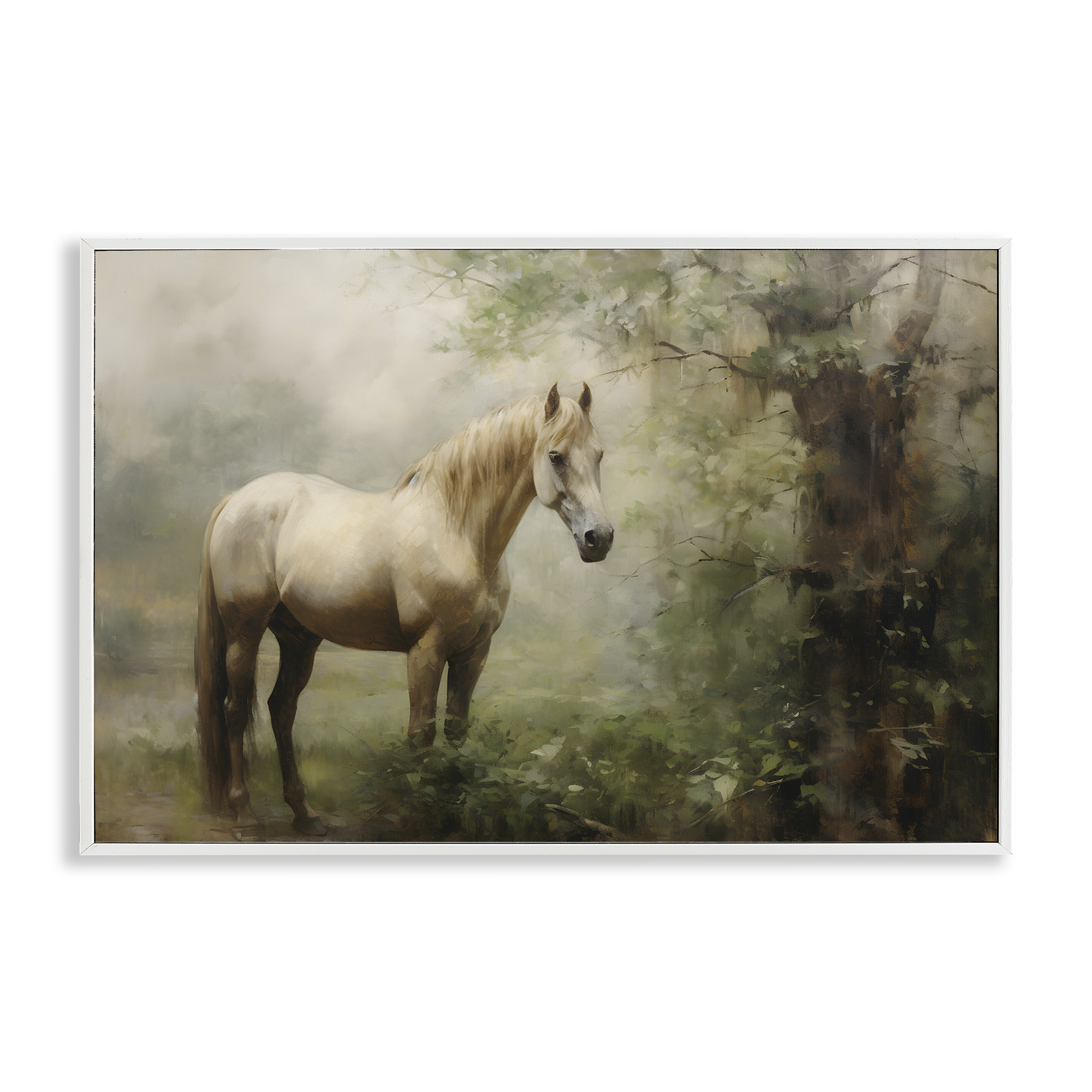 Stupell Industries Horse in Forest Woods Landscape Painting White Framed Art Print Wall Art, 24 x 16