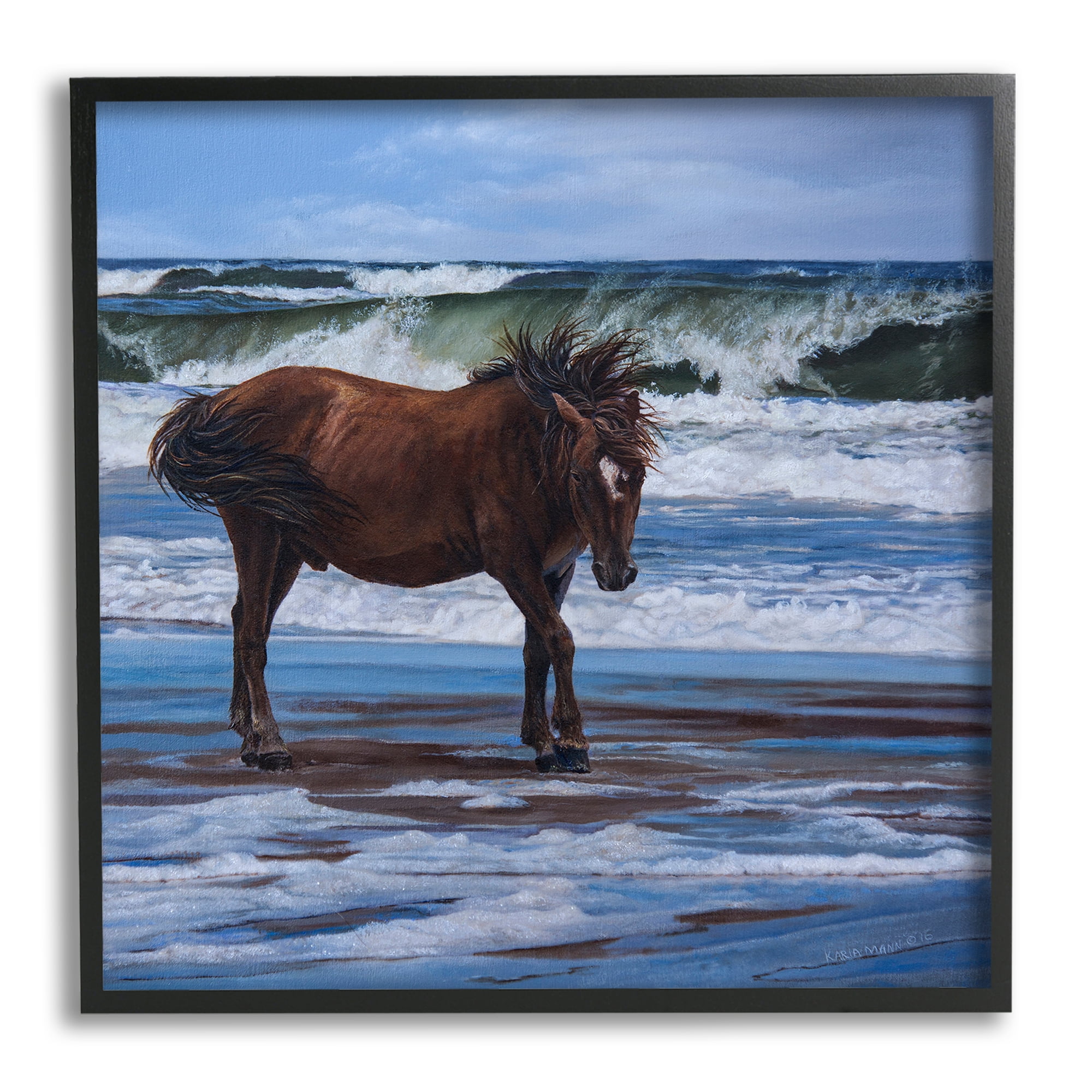 Stupell Industries Horse on Ocean Shore Animals & Insects Painting Black Framed Art Print Wall Art, 24 x 24
