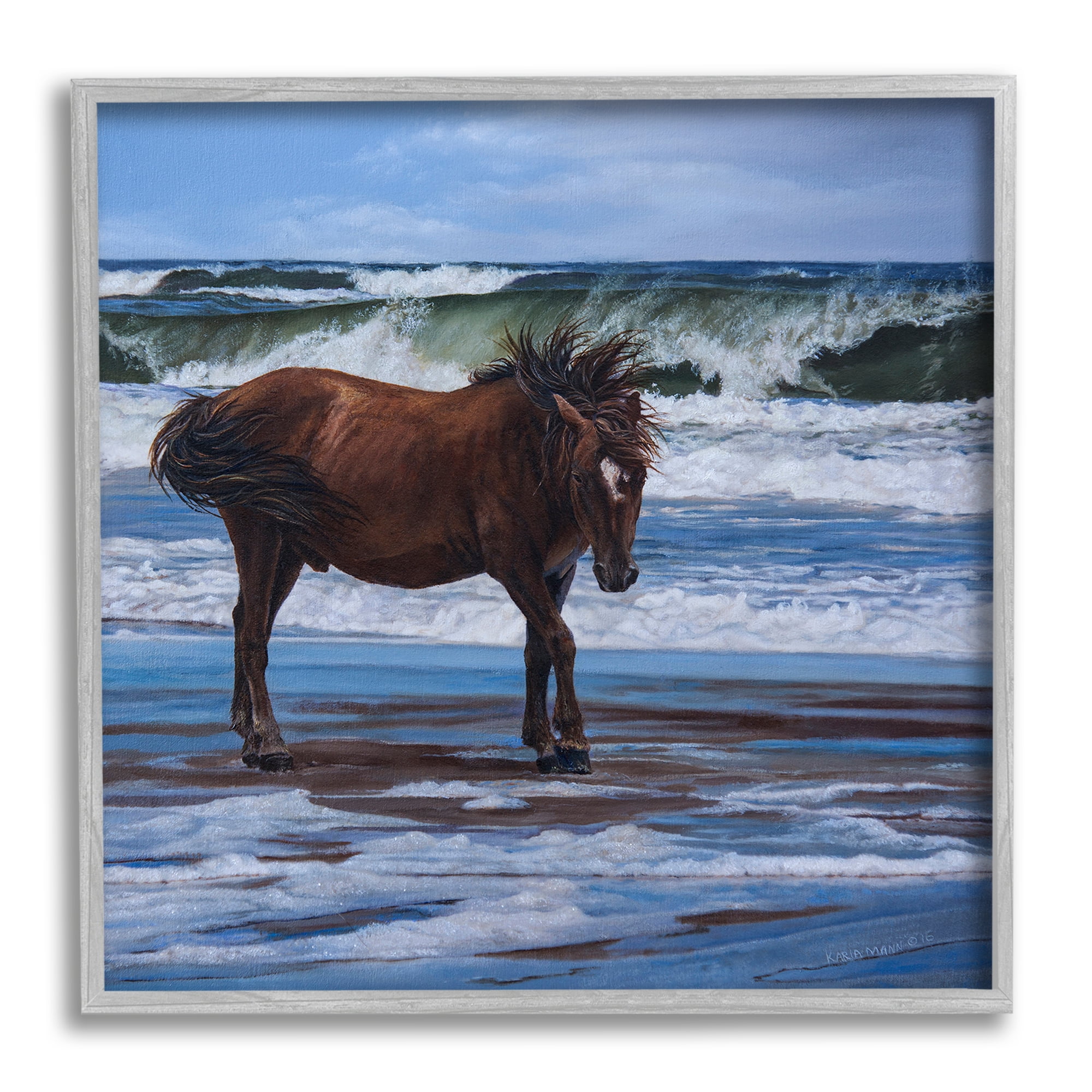 Stupell Industries Horse on Ocean Shore Animals & Insects Painting Gray Framed Art Print Wall Art, 12 x 12