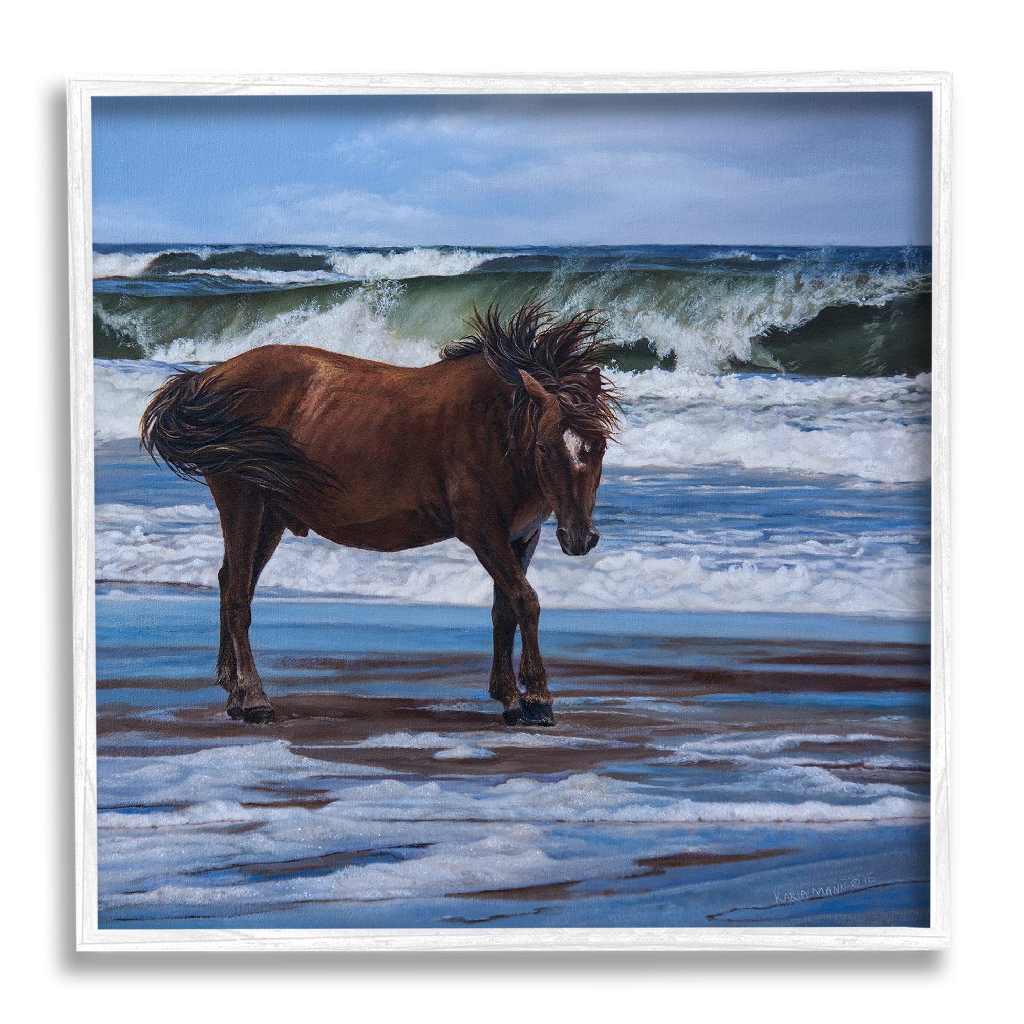 Stupell Industries Horse on Ocean Shore Animals & Insects Painting White Framed Art Print Wall Art, 17 x 17