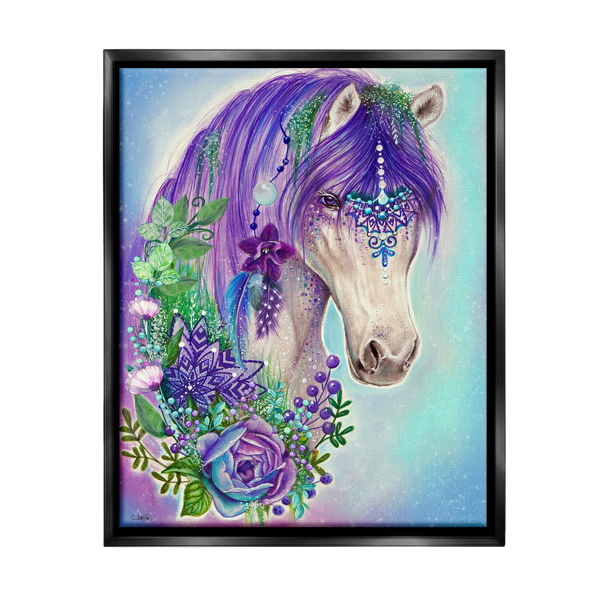 Stupell Industries Horse with Floral Garland Animals & Insects Painting Black Floater Framed Canvas Art Print Wall Art, 25 x 31