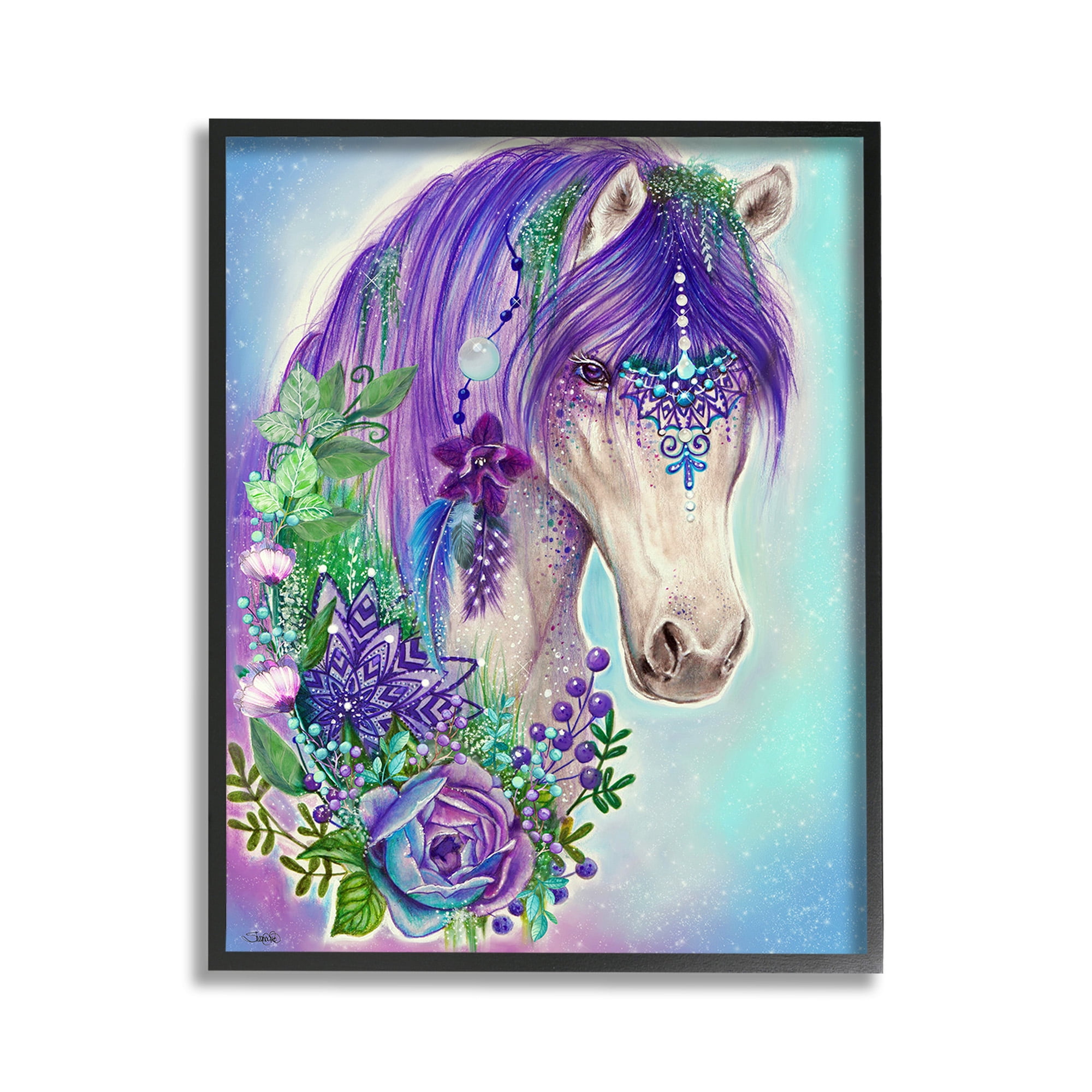 Stupell Industries Horse with Floral Garland Animals & Insects Painting Black Framed Art Print Wall Art, 11 x 14
