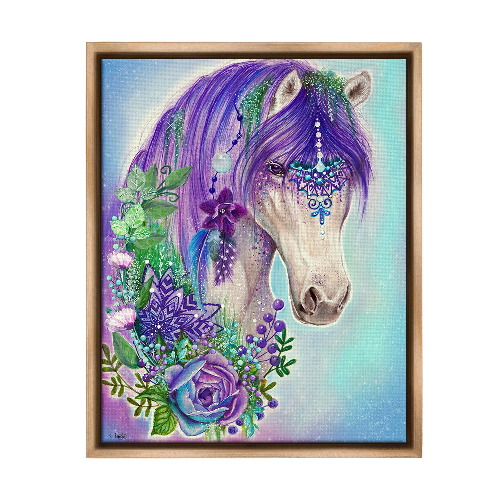 Stupell Industries Horse with Floral Garland Animals & Insects Painting Brown Floater Framed Canvas Art Print Wall Art, 25 x 31