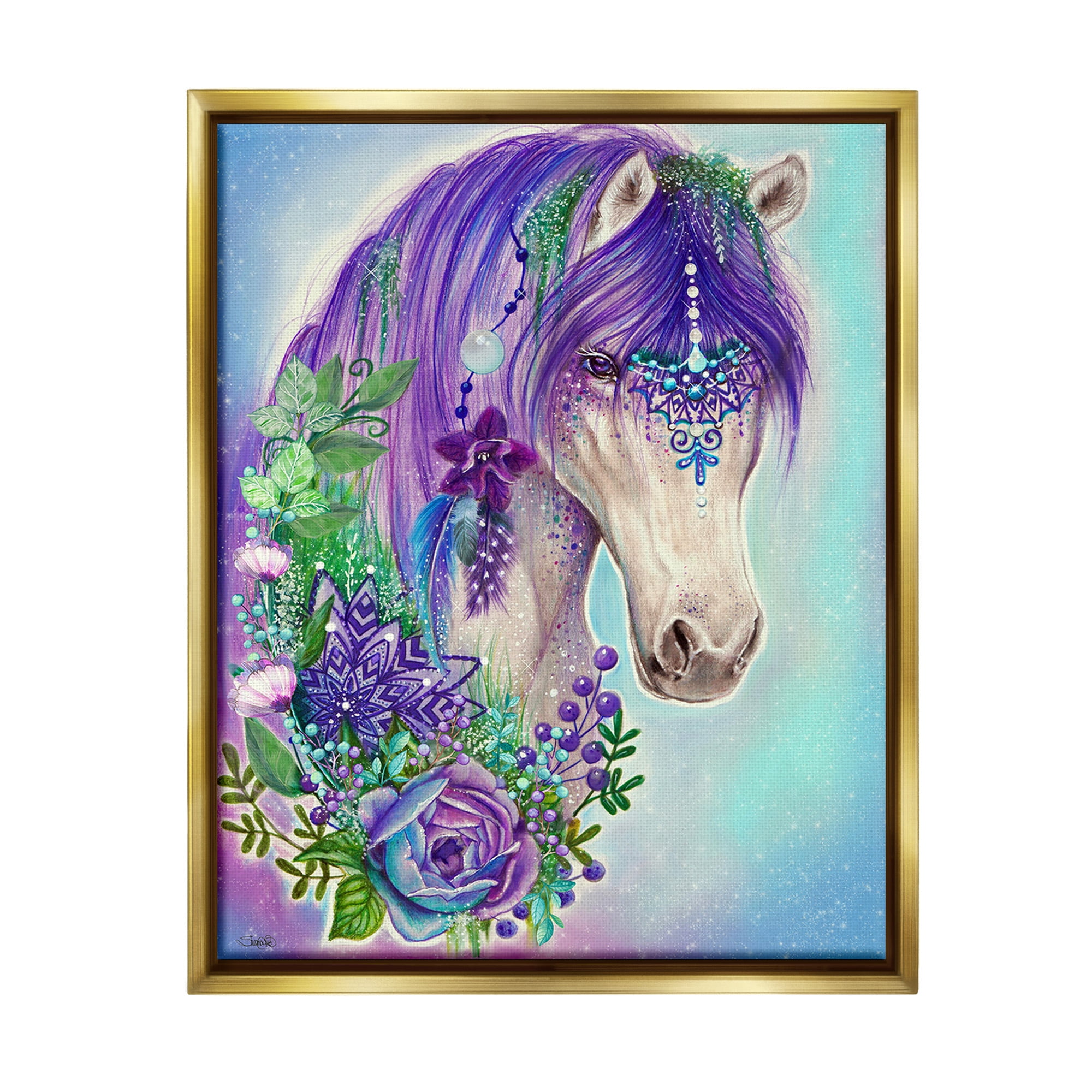 Stupell Industries Horse with Floral Garland Animals & Insects Painting Gold Floater Framed Canvas Art Print Wall Art, 17 x 21