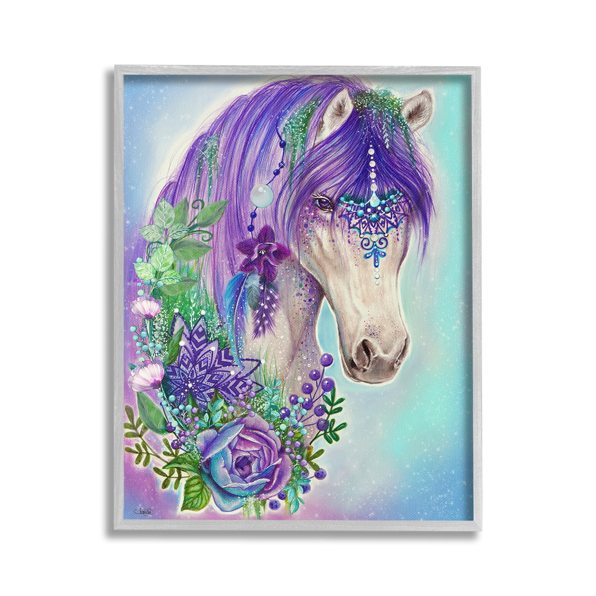 Stupell Industries Horse with Floral Garland Animals & Insects Painting Gray Framed Art Print Wall Art, 24 x 30