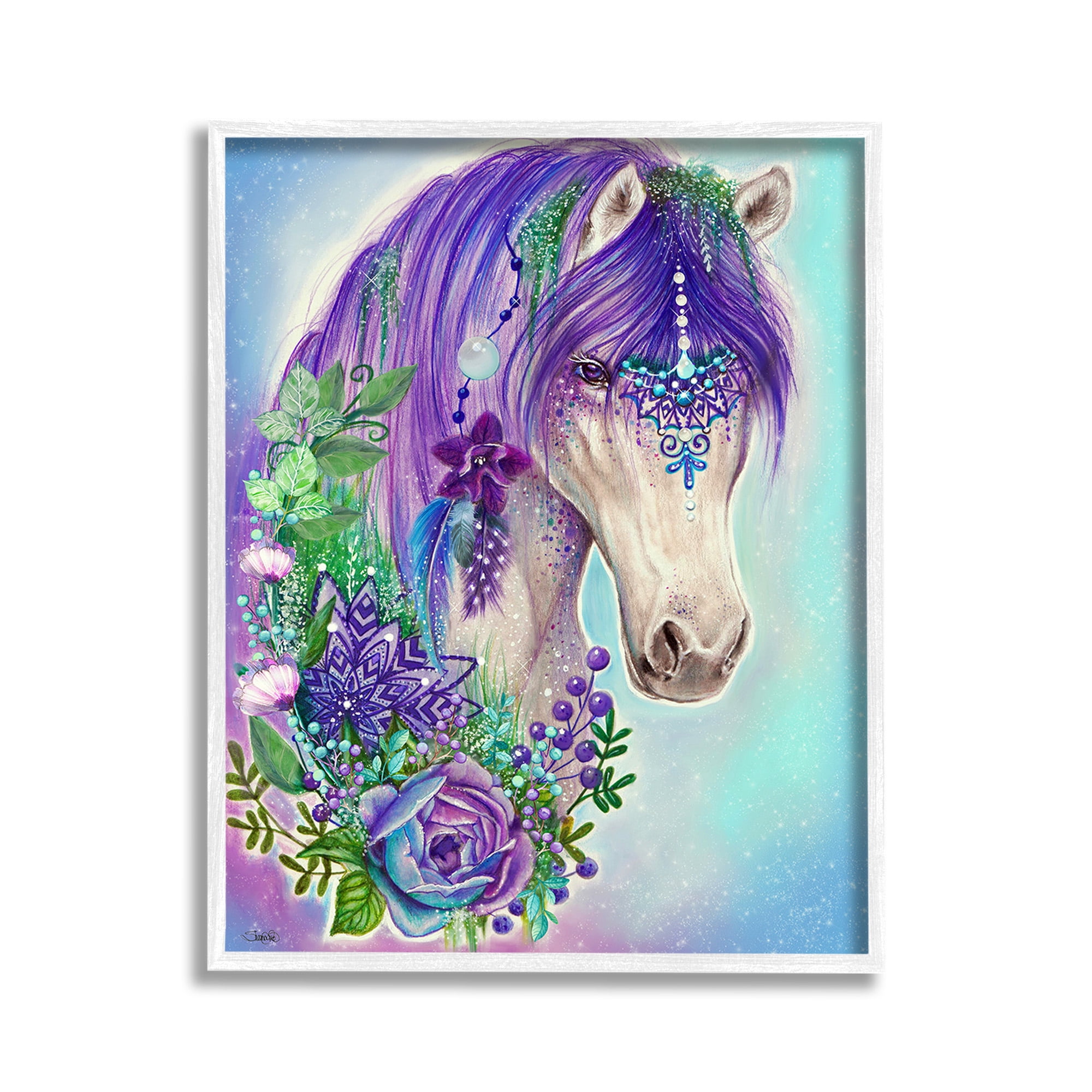 Stupell Industries Horse with Floral Garland Animals & Insects Painting White Framed Art Print Wall Art, 11 x 14