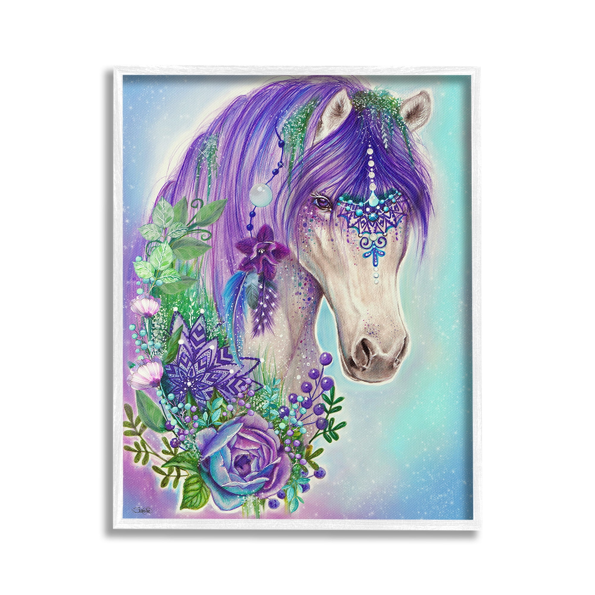 Stupell Industries Horse with Floral Garland Animals & Insects Painting White Framed Art Print Wall Art, 16 x 20