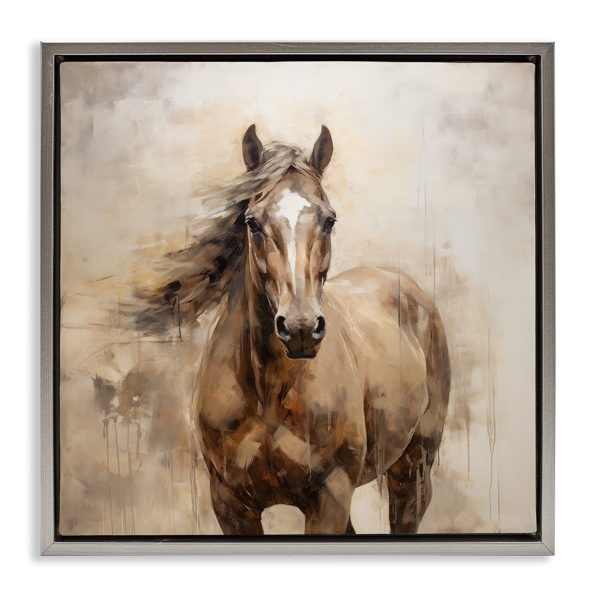 Stupell Industries Horse with Modern Drip Animals Painting Gray Floater Framed Canvas Art Print Wall Art, 18 x 18