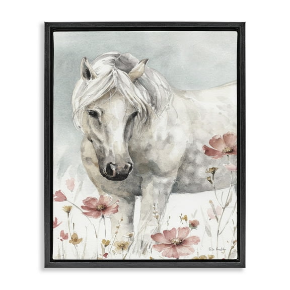 Stupell Industries Horse with Pink Flowers Animals & Insects Painting Black Floater Framed Canvas Art Print Wall Art, 17 x 21