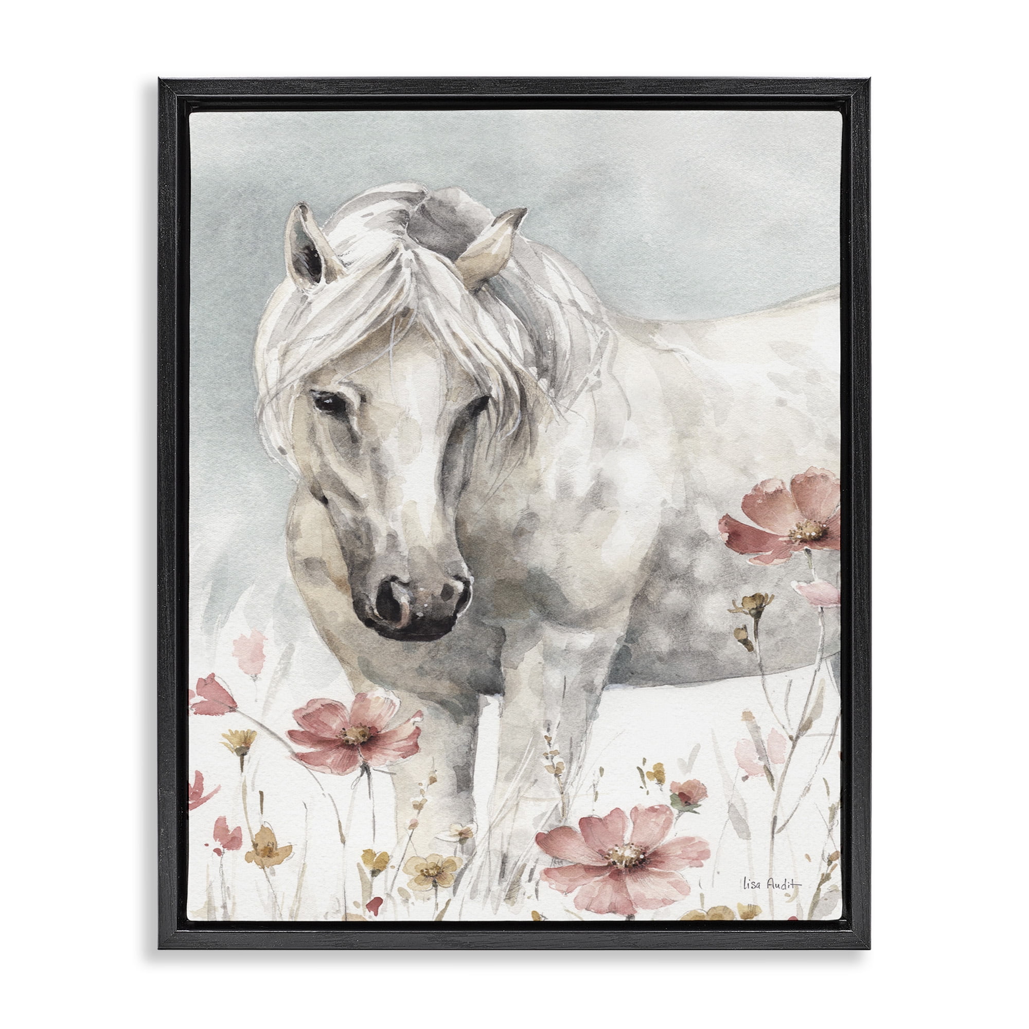 Stupell Industries Horse with Pink Flowers Animals & Insects Painting Black Floater Framed Canvas Art Print Wall Art, 25 x 31