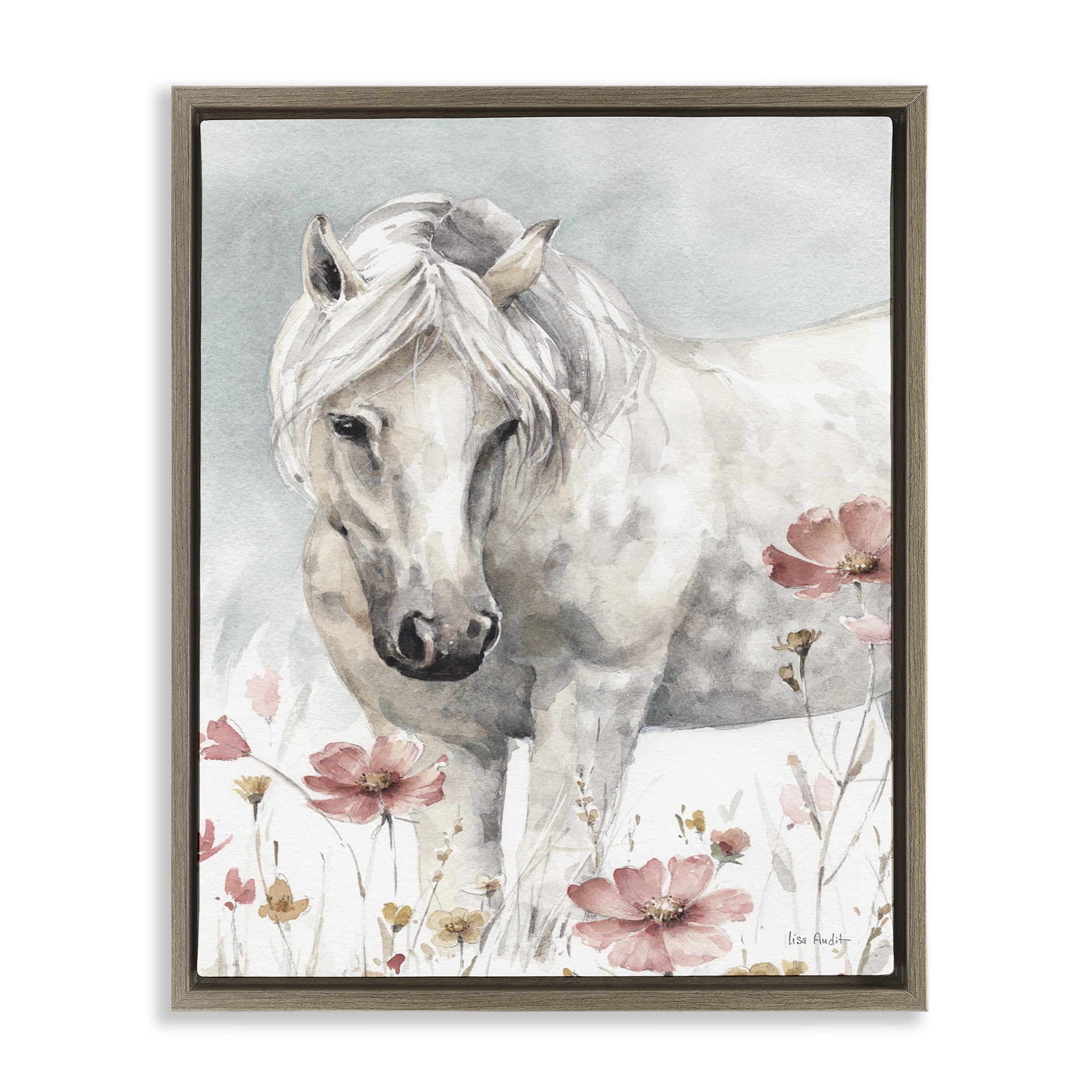 Stupell Industries Horse with Pink Flowers Animals & Insects Painting Brown Floater Framed Canvas Art Print Wall Art, 25 x 31