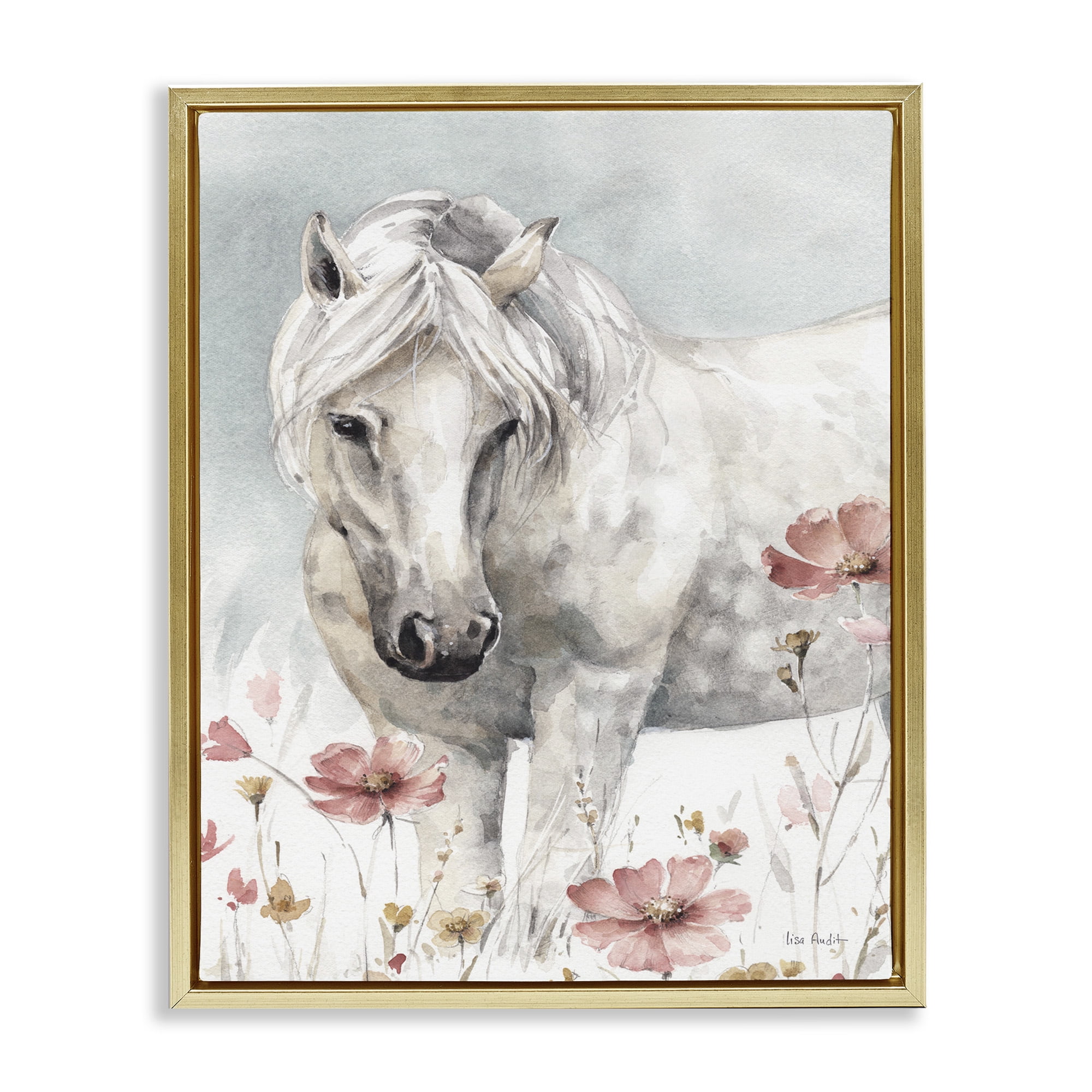 Stupell Industries Horse with Pink Flowers Animals & Insects Painting Gold Floater Framed Canvas Art Print Wall Art, 17 x 21