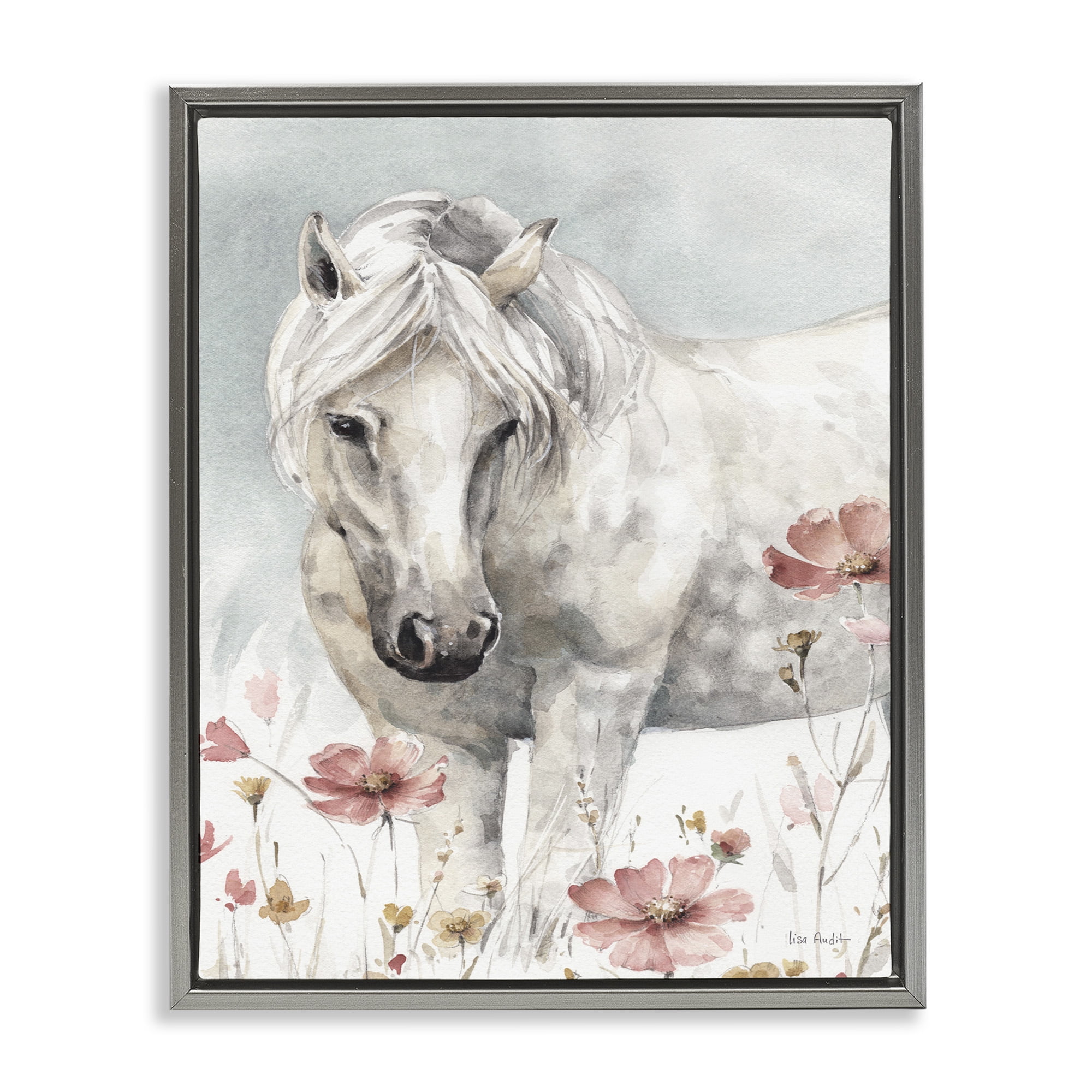 Stupell Industries Horse with Pink Flowers Animals & Insects Painting Gray Floater Framed Canvas Art Print Wall Art, 17 x 21
