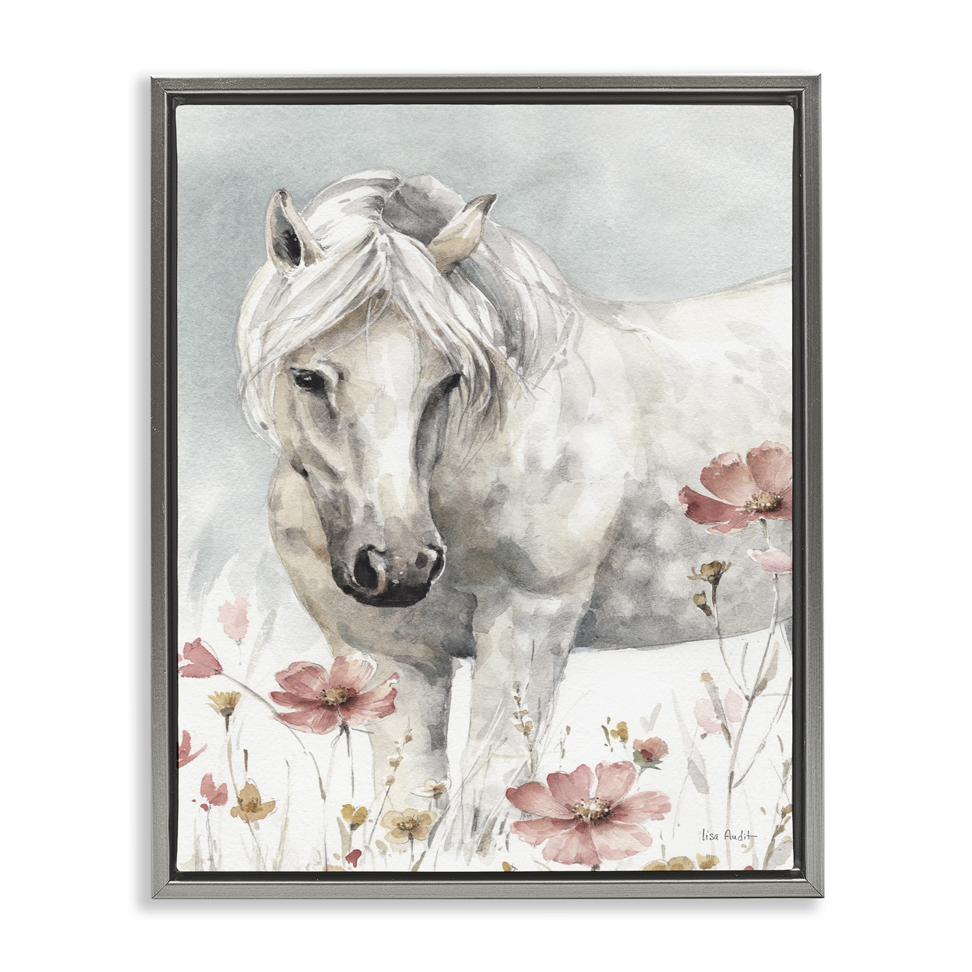 Stupell Industries Horse with Pink Flowers Animals & Insects Painting Gray Floater Framed Canvas Art Print Wall Art, 25 x 31