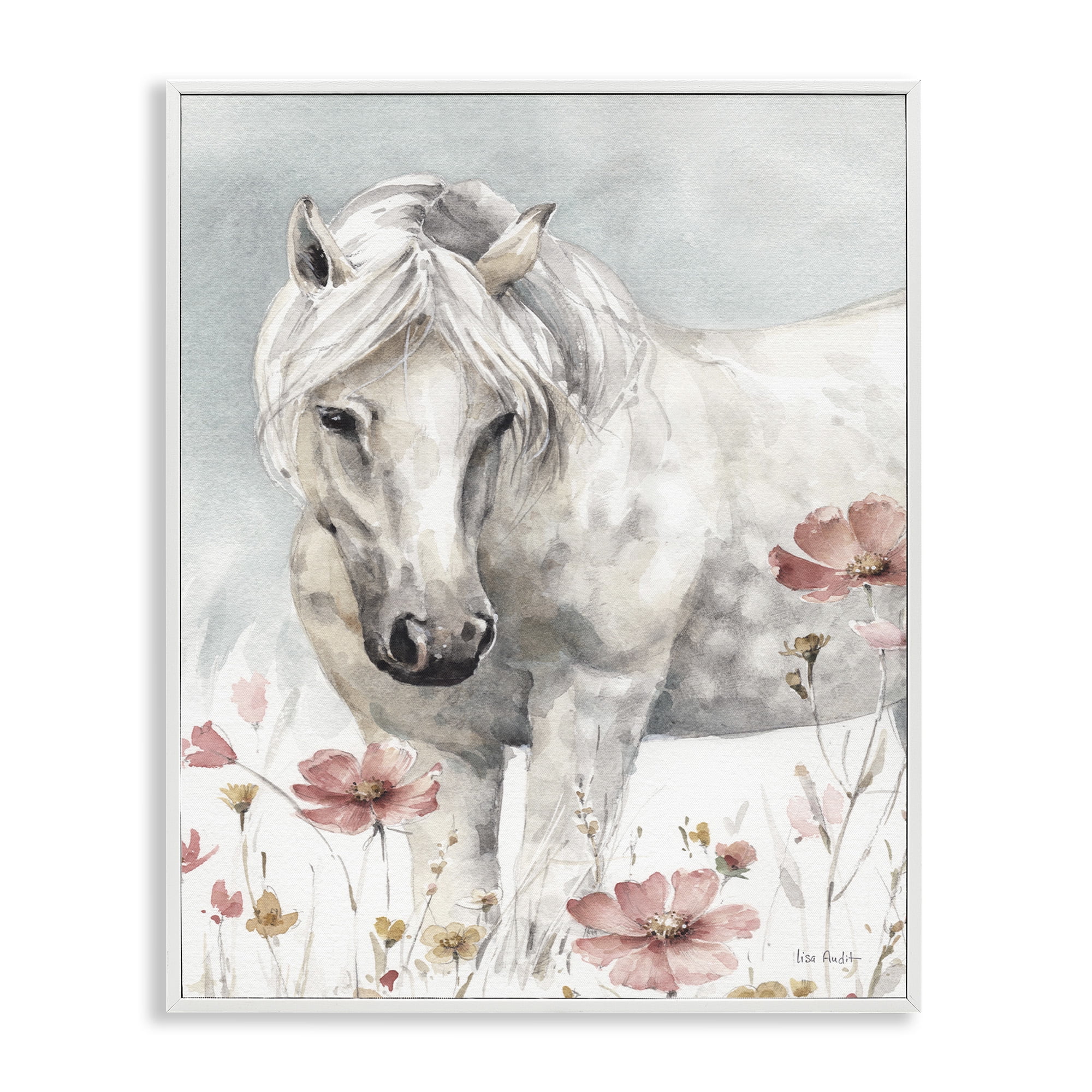 Stupell Industries Horse with Pink Flowers Animals & Insects Painting White Framed Art Print Wall Art, 11 x 14