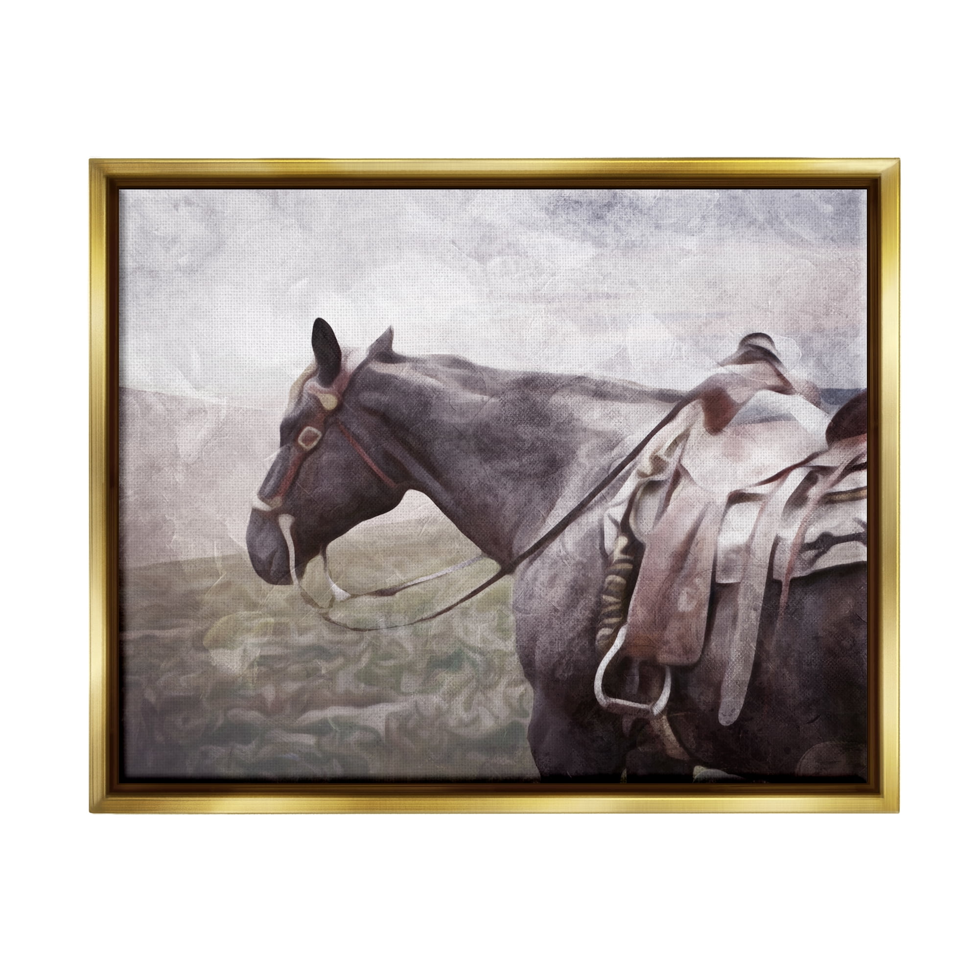 Stupell Industries Horse with Saddle Animals & Insects Painting Gold Floater Framed Canvas Art Print Wall Art, 21 x 17