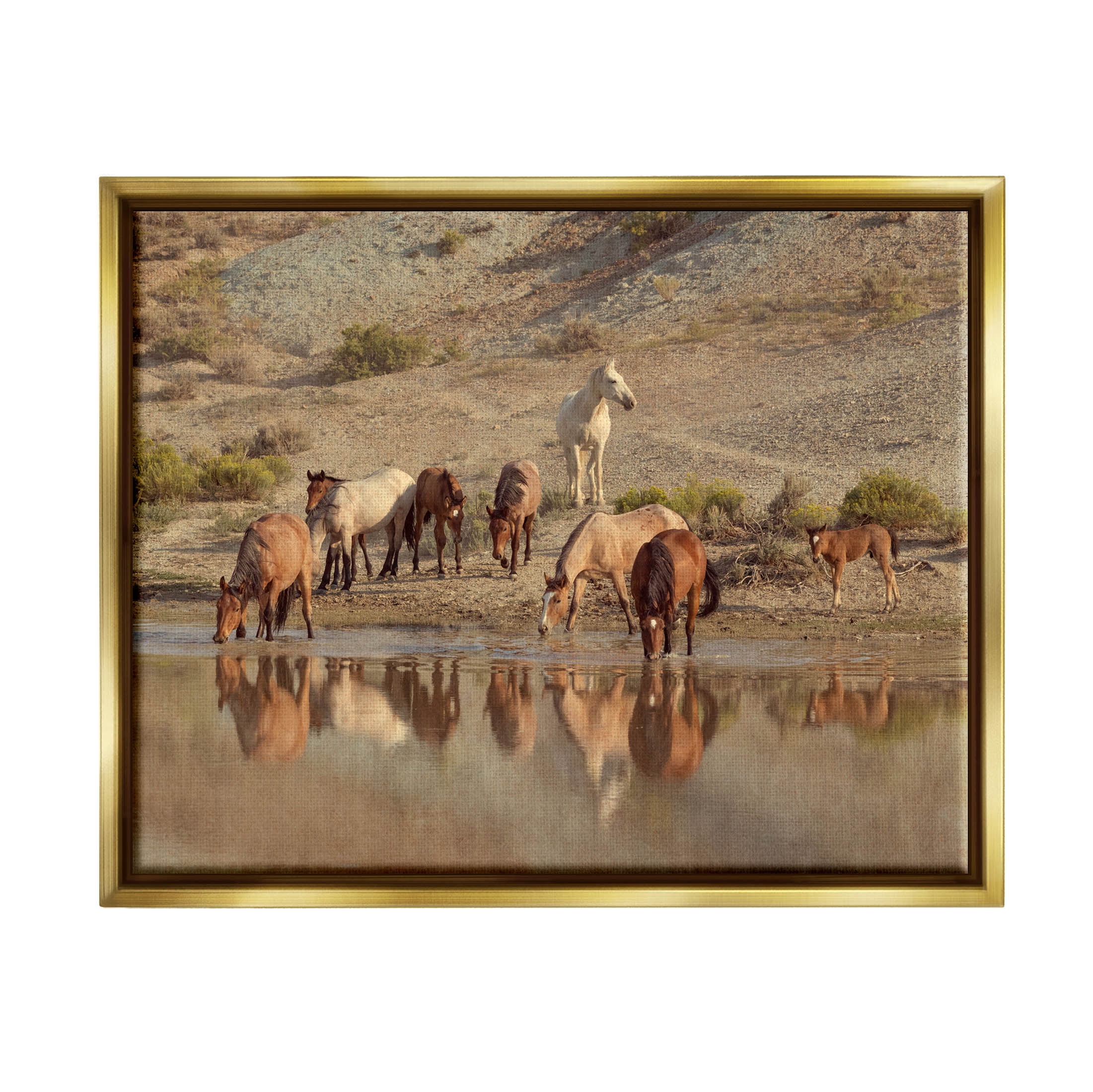 Stupell Industries Horses Drinking Countryside Photograph Metallic Gold Floating Framed Canvas Print Wall Art, Design by Jan Walters