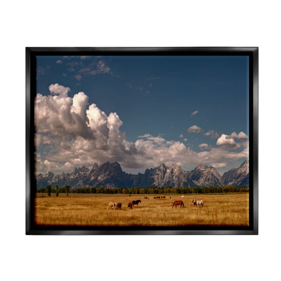 Stupell Industries Horses Grazing Mountain View Nature Photography Black Floater Framed Art Print Wall Art, 21 x 17
