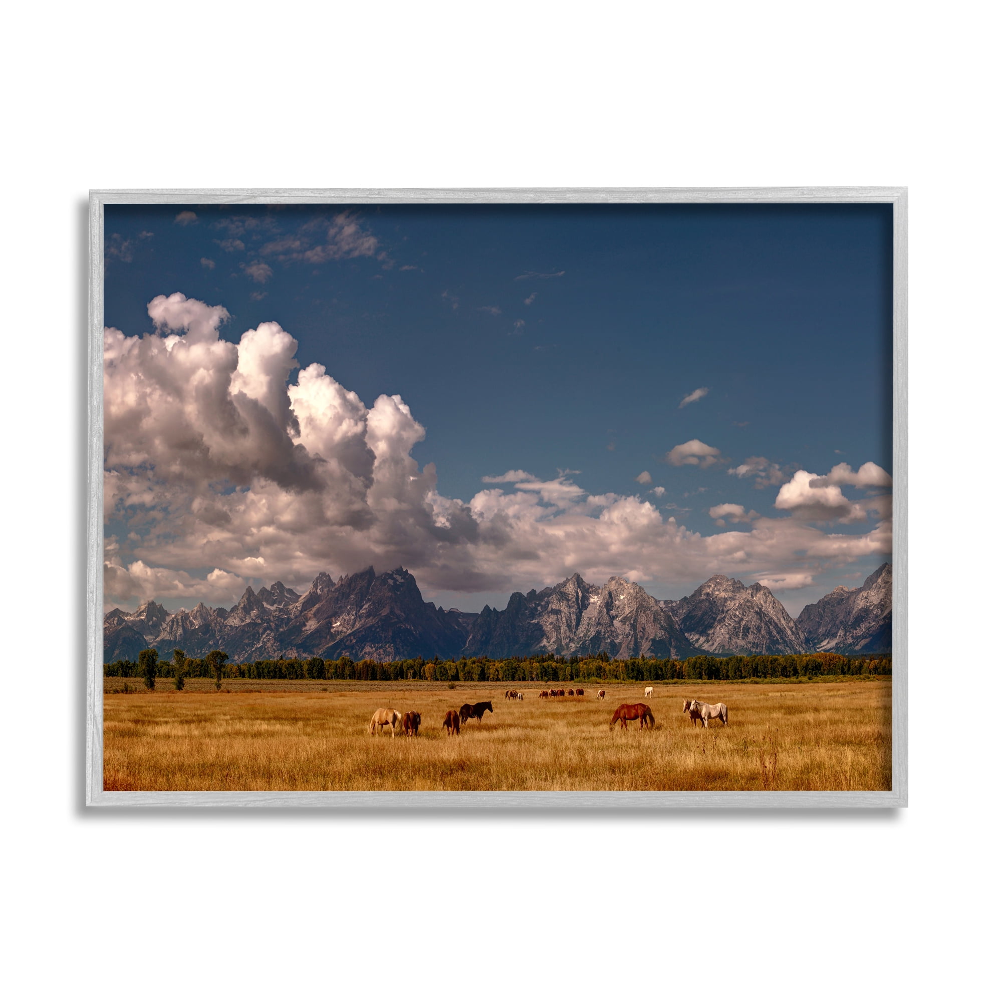 Stupell Industries Horses Grazing Mountain View Nature Photography Gray Framed Art Print Wall Art, 20 x 16