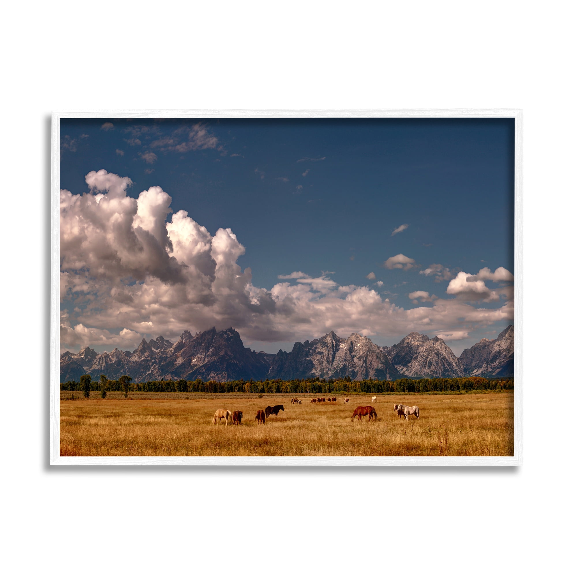 Stupell Industries Horses Grazing Mountain View Nature Photography White Framed Art Print Wall Art, 30 x 24