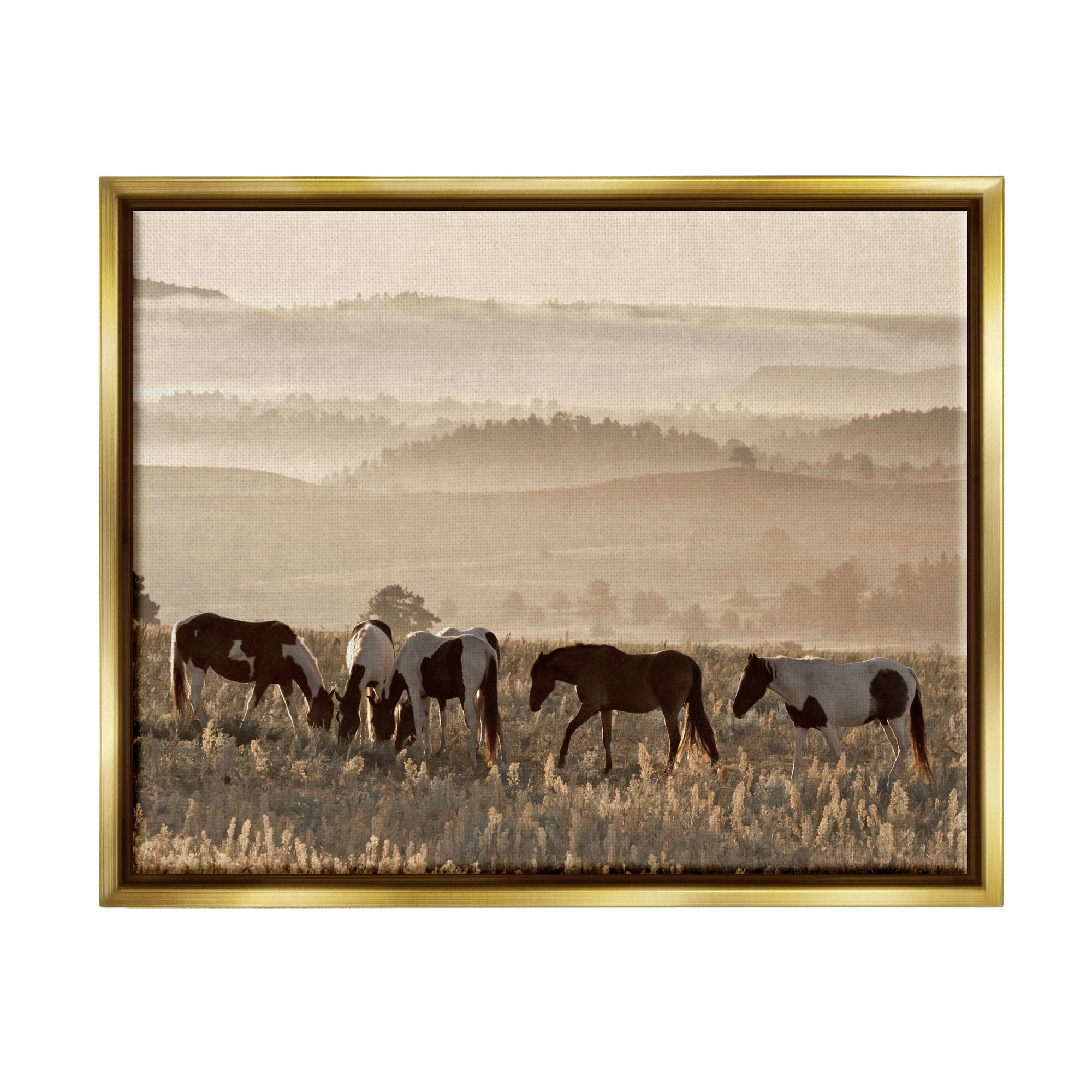Stupell Industries Horses Grazing Rolling Hills Animals & Insects Photography Gold Floater Framed Canvas Art Print Wall Art, 31 x 25