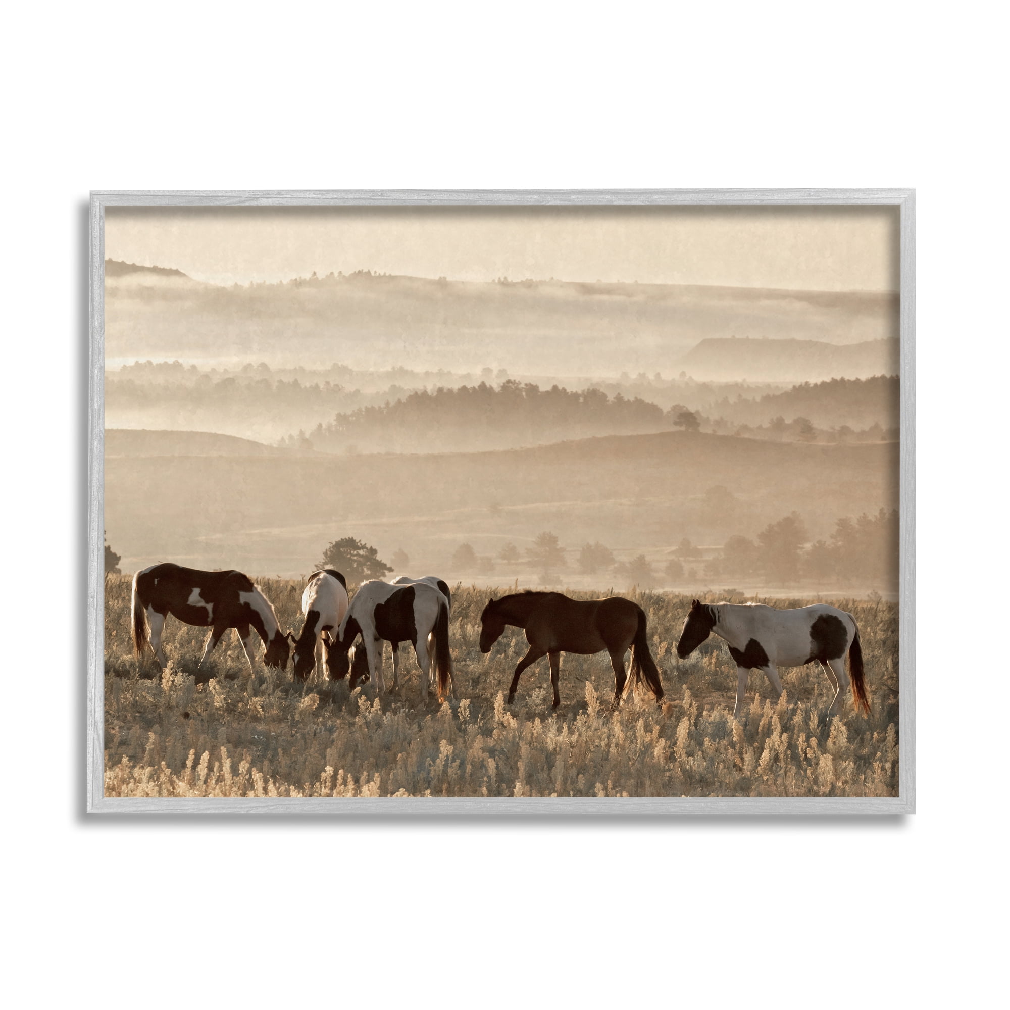 Stupell Industries Horses Grazing Rolling Hills Animals & Insects Photography Gray Framed Art Print Wall Art, 30 x 24