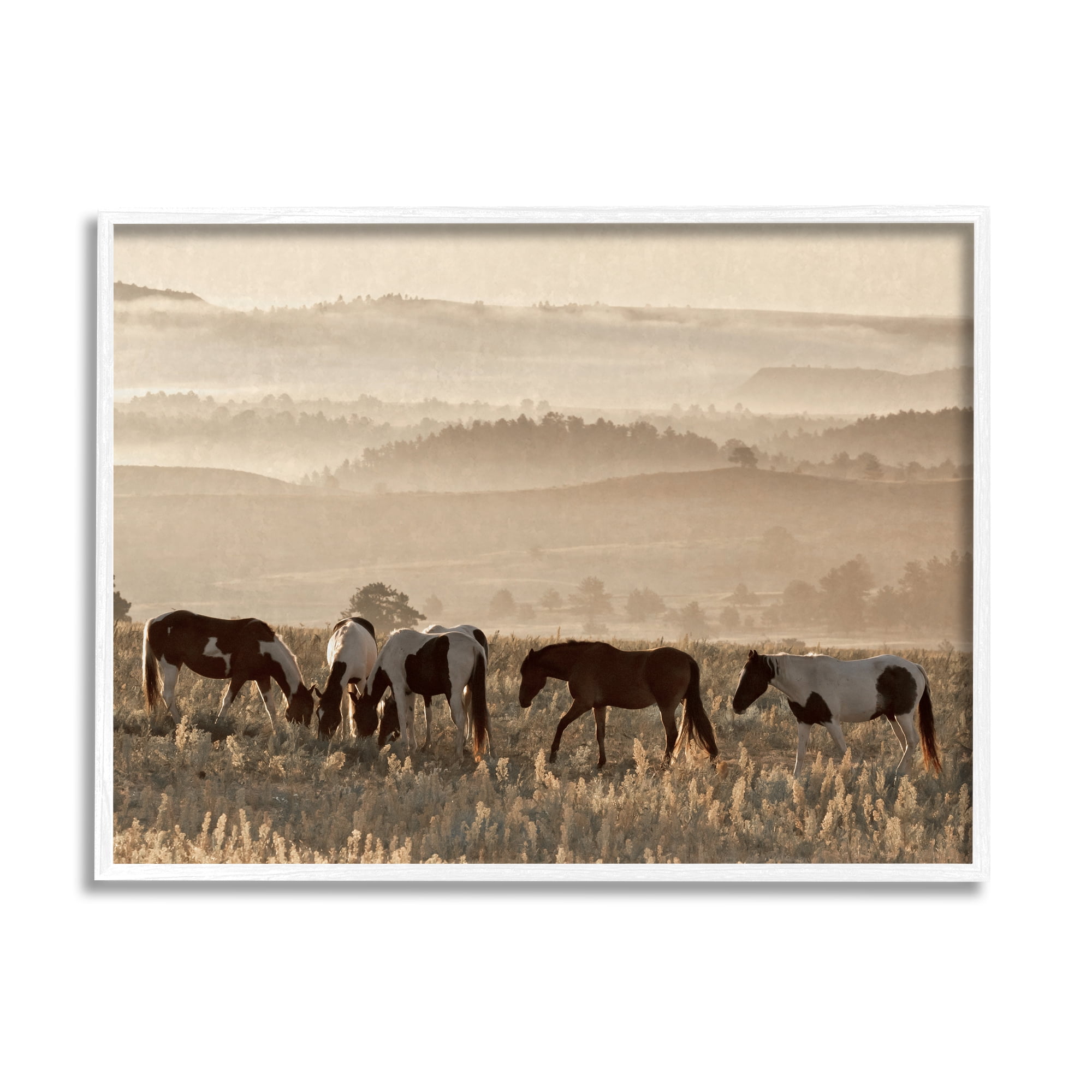 Stupell Industries Horses Grazing Rolling Hills Animals & Insects Photography White Framed Art Print Wall Art, 14 x 11