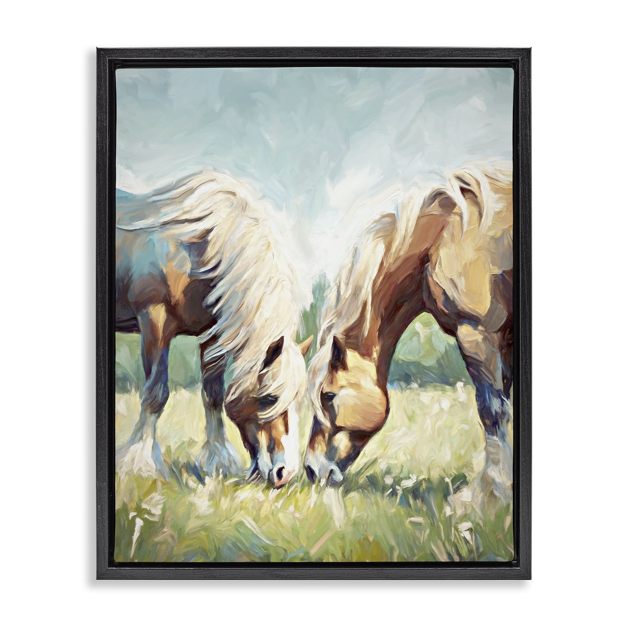 Stupell Industries Horses Grazing Together Animals & Insects Painting Black Floater Framed Canvas Art Print Wall Art, 17 x 21