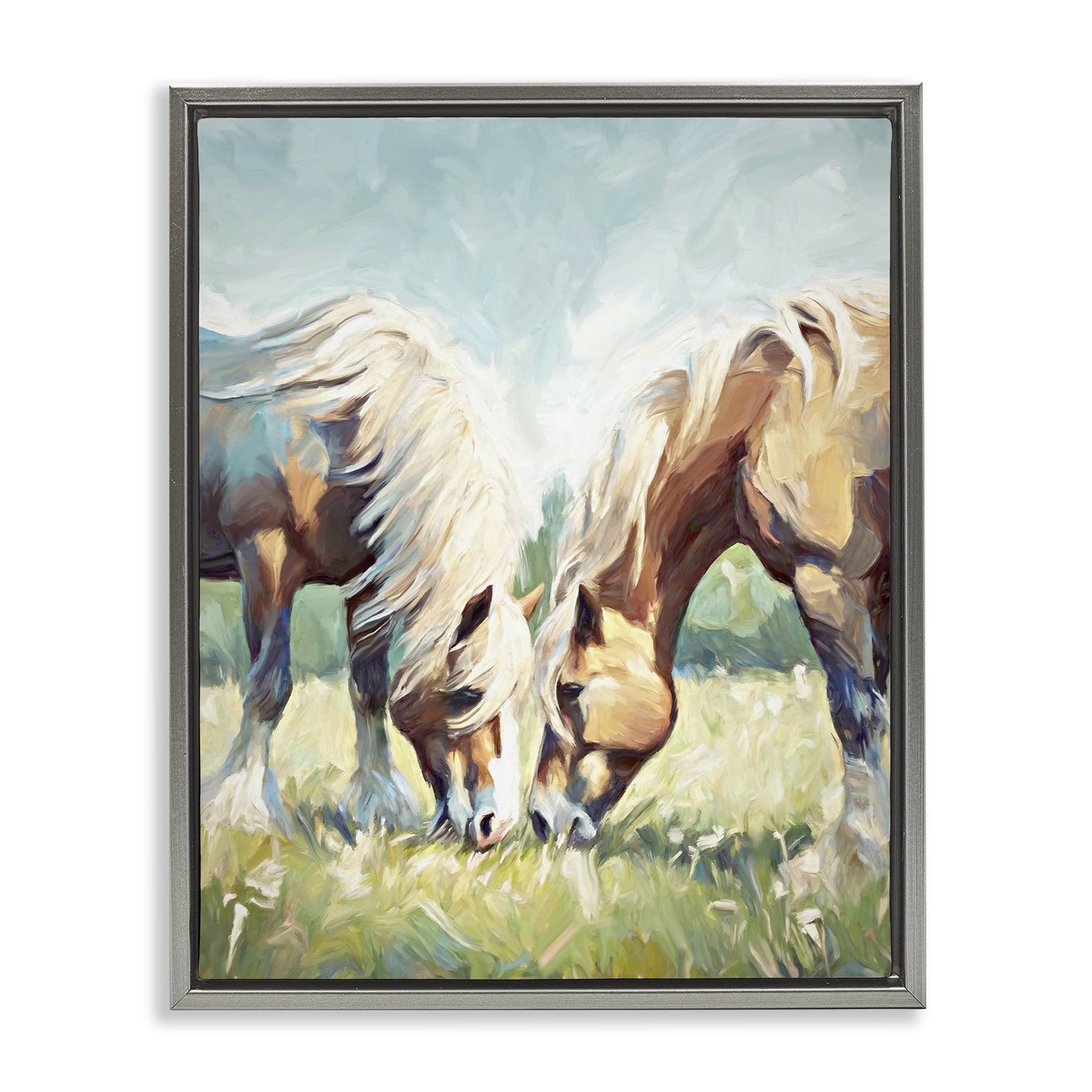 Stupell Industries Horses Grazing Together Animals & Insects Painting Gray Floater Framed Canvas Art Print Wall Art, 17 x 21