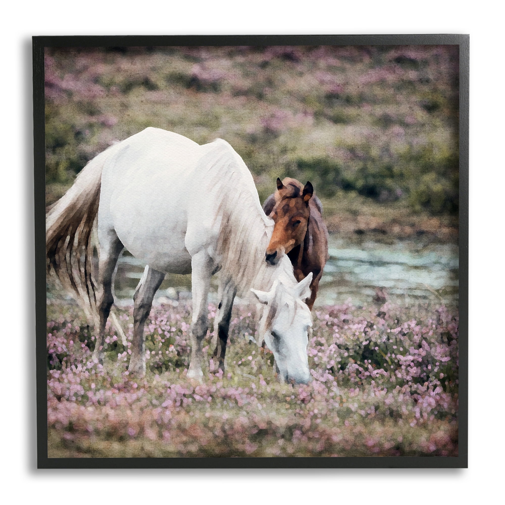 Stupell Industries Horses Grazing by River Animals & Insects Painting Black Framed Art Print Wall Art, 24 x 24