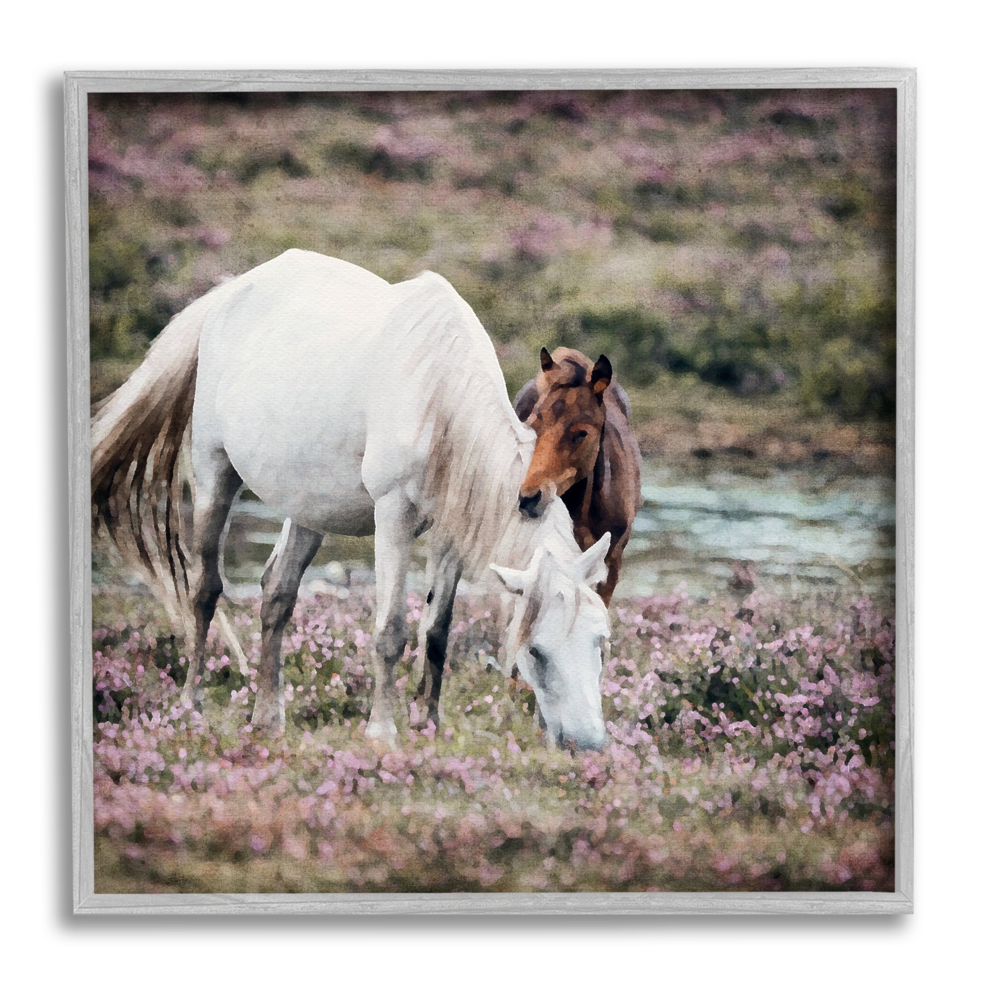 Stupell Industries Horses Grazing by River Animals & Insects Painting Gray Framed Art Print Wall Art, 17 x 17