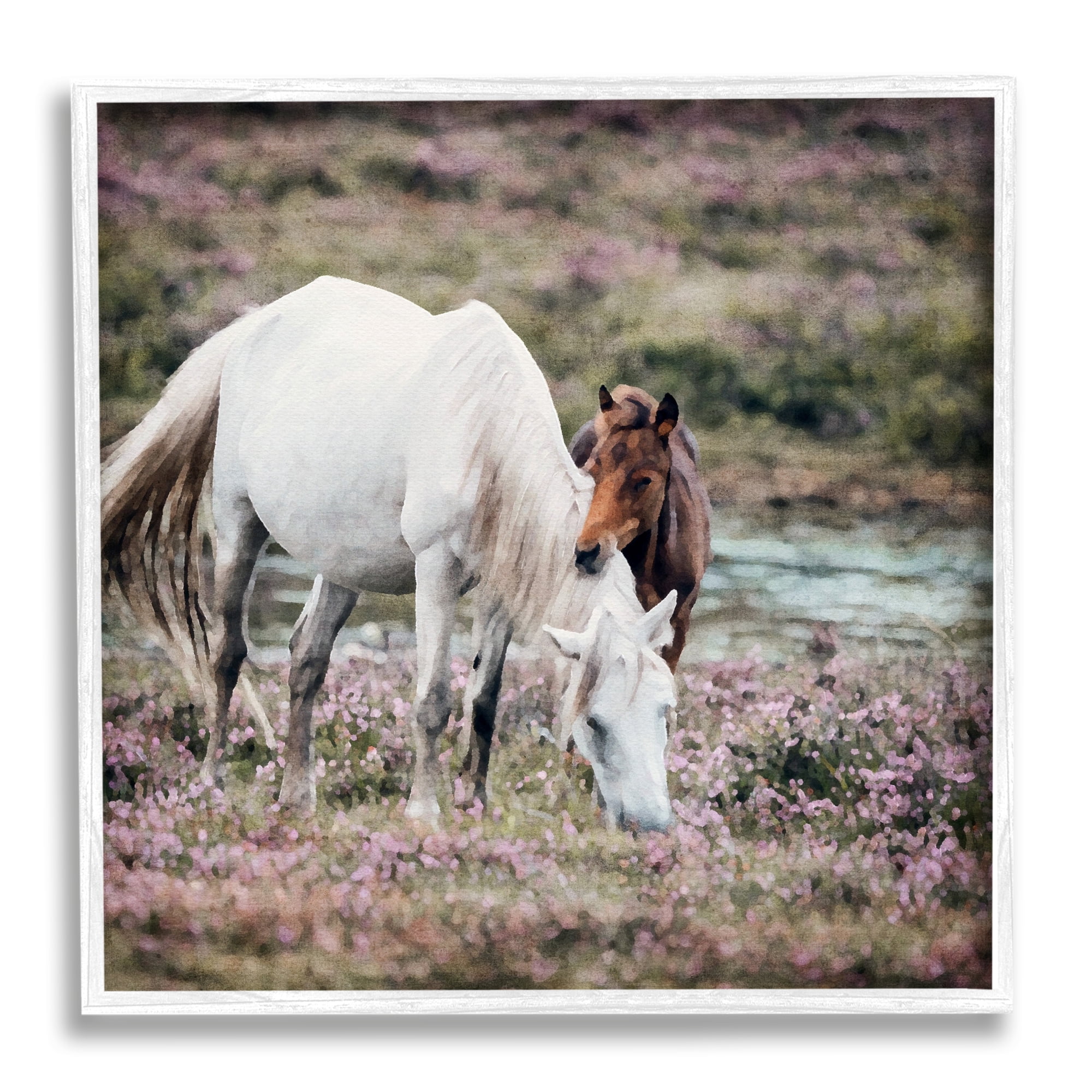 Stupell Industries Horses Grazing by River Animals & Insects Painting White Framed Art Print Wall Art, 12 x 12