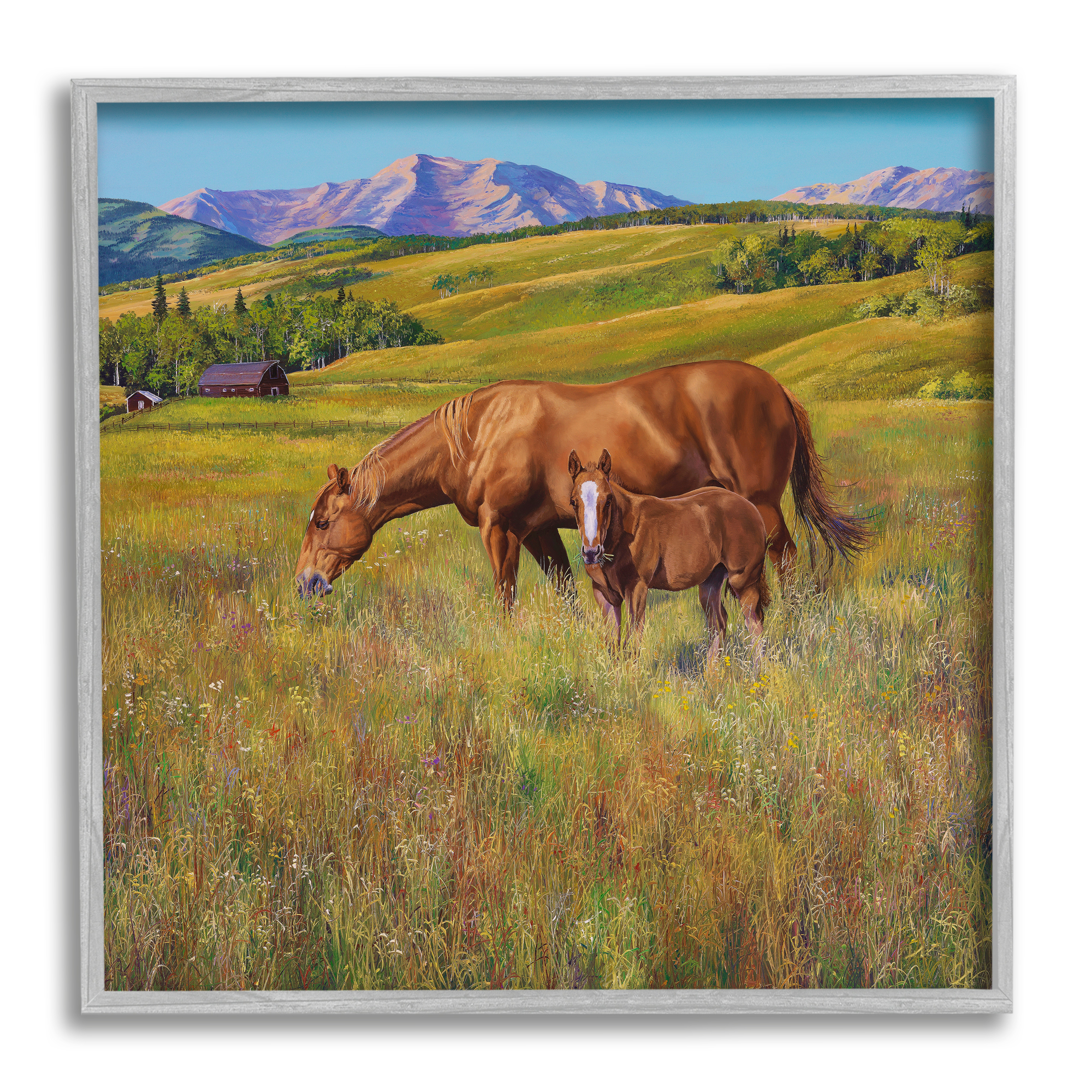 Stupell Industries Horses Grazing in Meadow Animals & Insects Painting Gray Framed Art Print Wall Art, 17 x 17