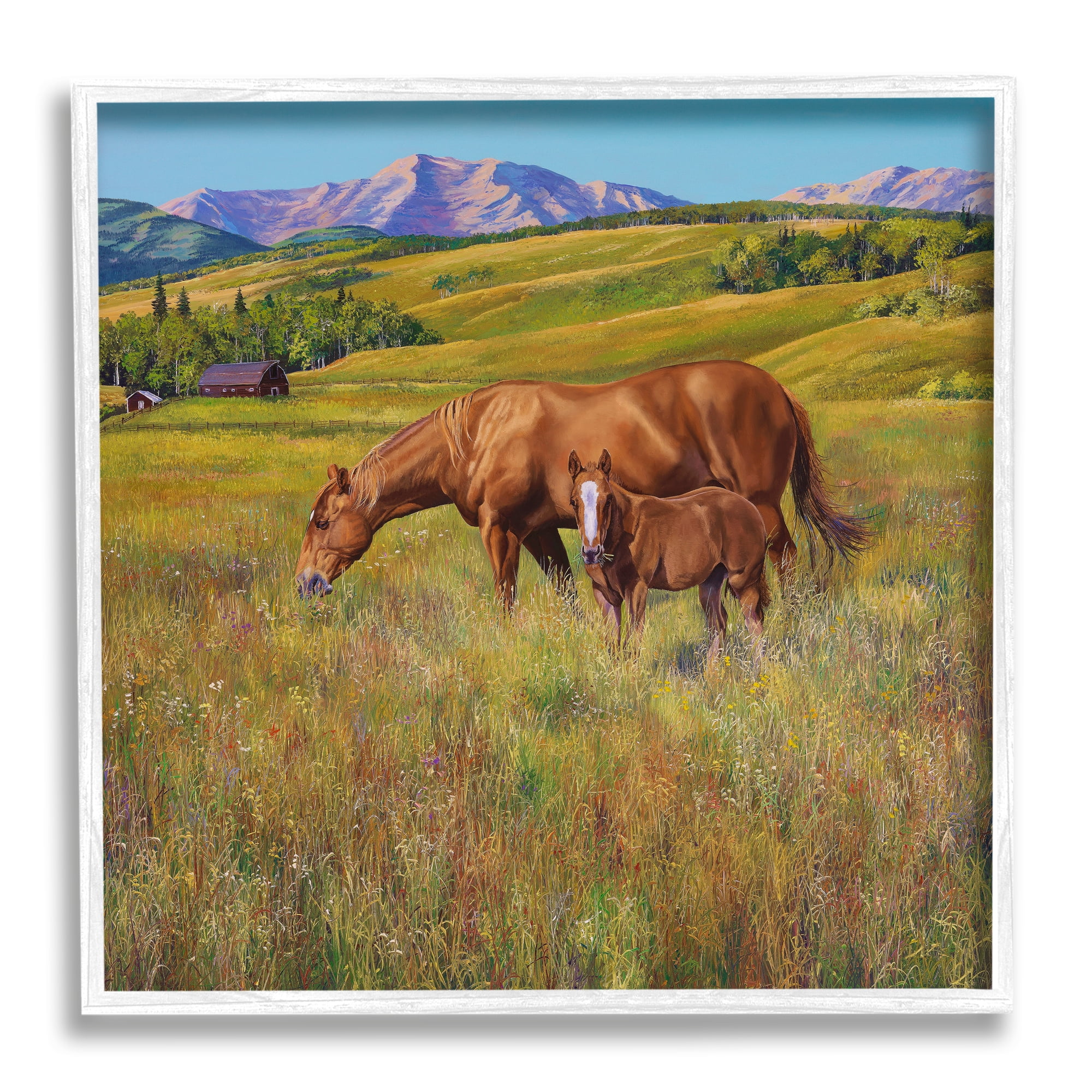 Stupell Industries Horses Grazing in Meadow Animals & Insects Painting White Framed Art Print Wall Art, 24 x 24