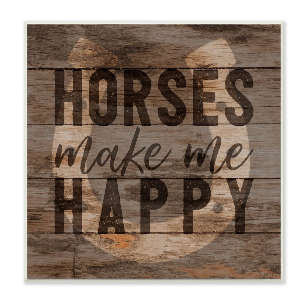 Stupell Industries Horses Make Me Happy Horseshoe Wood Texture Farm Animal Design Wall Plaque by Gigi Louise, 12" x 12", Wall Plaque