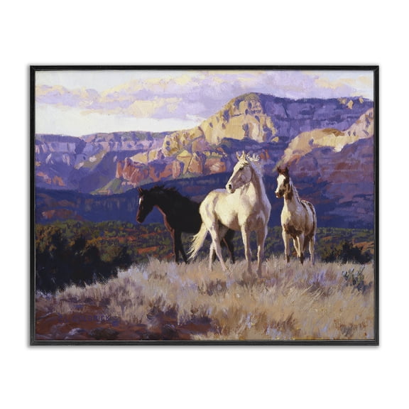 Stupell Industries Horses Peering Over Mountainside Landscape & Nature Painting Black Framed Art Print Wall Art, 30 x 24