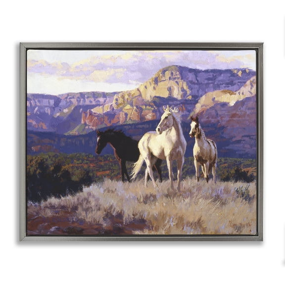 Stupell Industries Horses Peering Over Mountainside Landscape & Nature Painting Gray Floater Framed Canvas Art Print Wall Art, 31 x 25