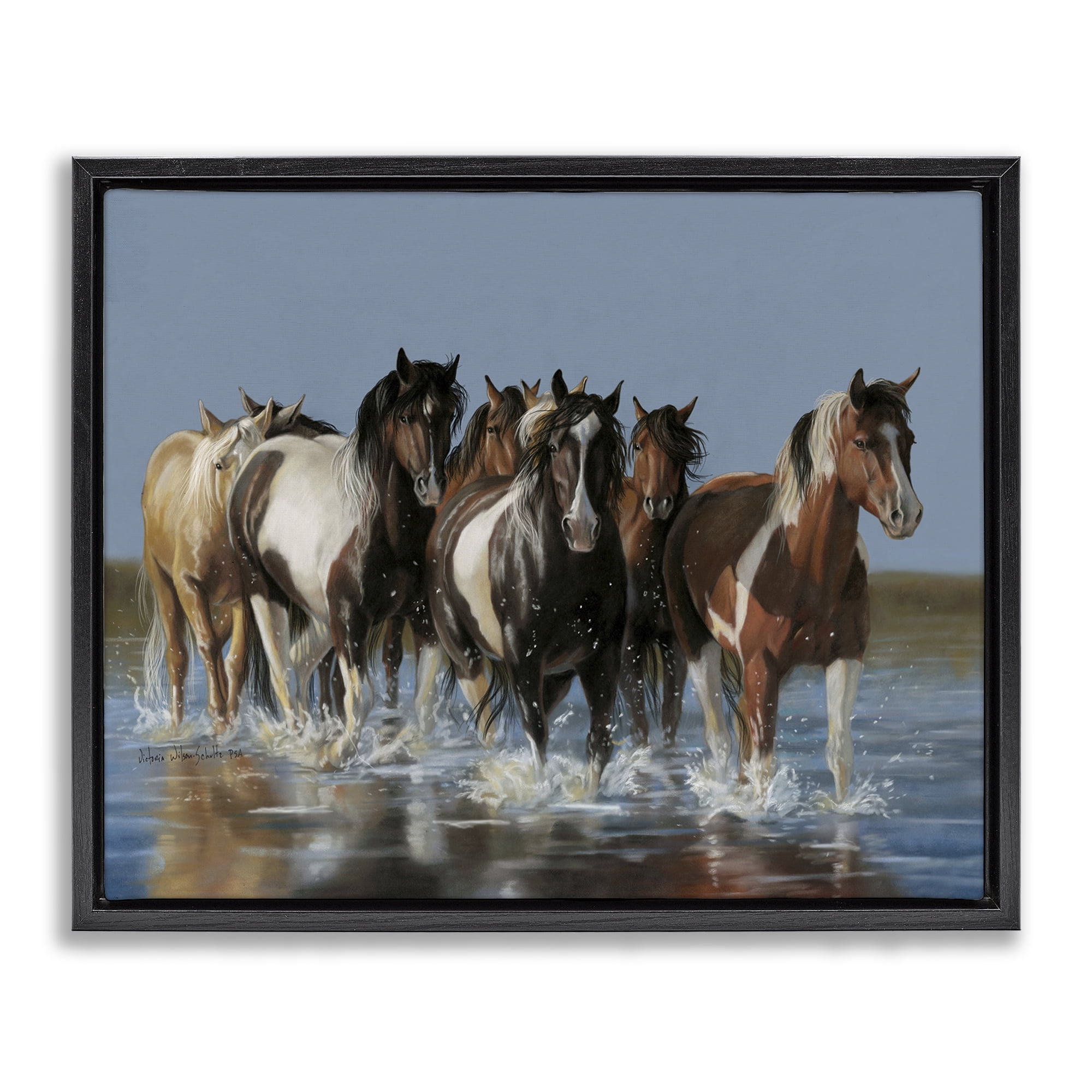 Stupell Industries Horses Running Through River Animals & Insects Painting Black Floater Framed Canvas Art Print Wall Art, 31 x 25
