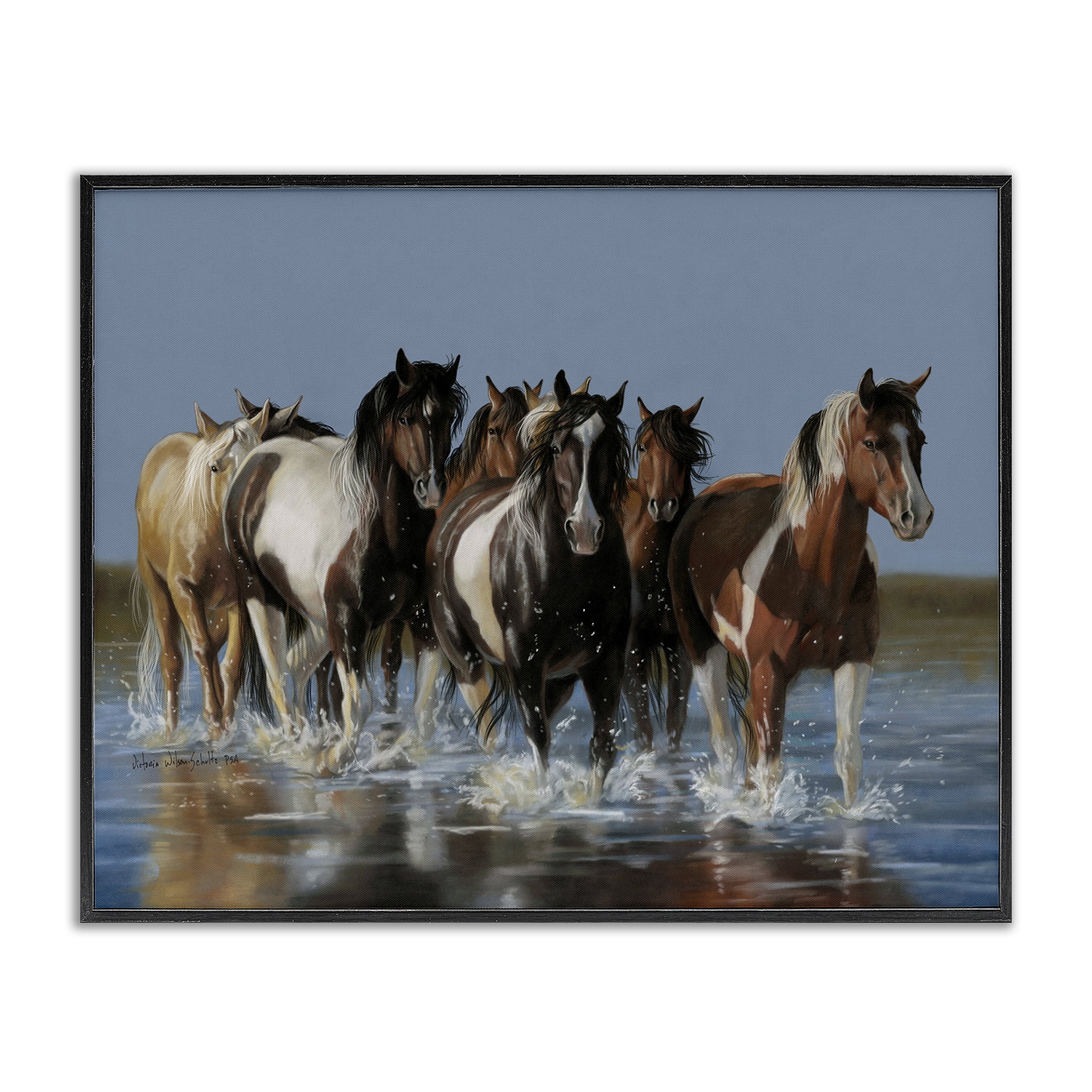 Stupell Industries Horses Running Through River Animals & Insects Painting Black Framed Art Print Wall Art, 30 x 24