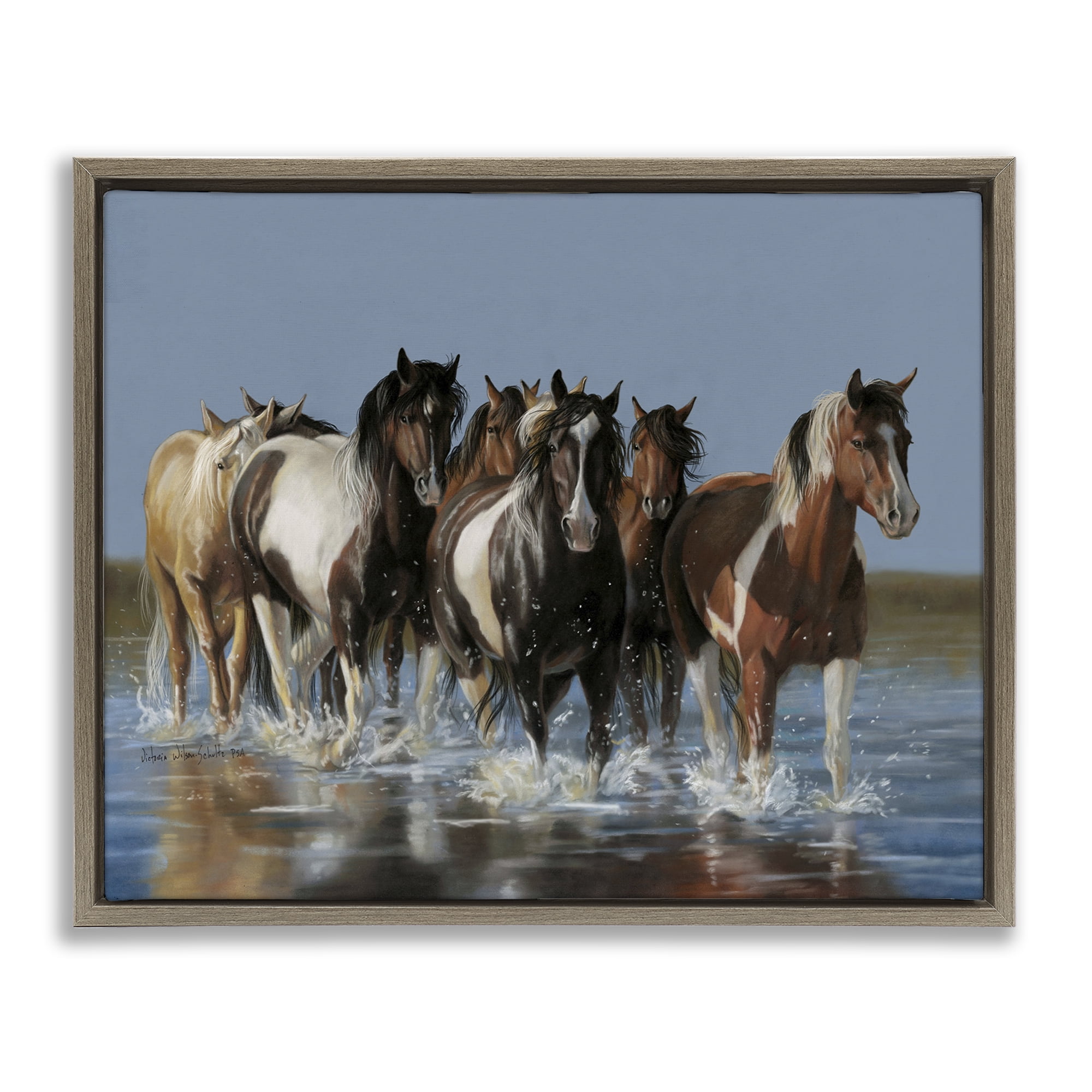 Stupell Industries Horses Running Through River Animals & Insects Painting Brown Floater Framed Canvas Art Print Wall Art, 31 x 25