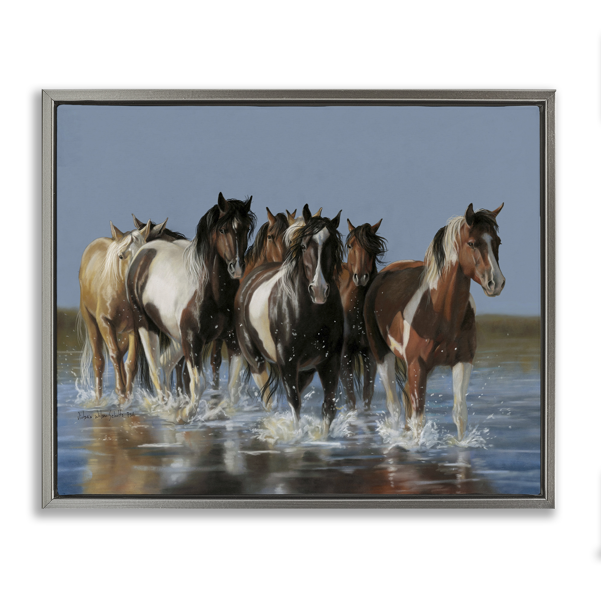 Stupell Industries Horses Running Through River Animals & Insects Painting Gray Floater Framed Canvas Art Print Wall Art, 21 x 17