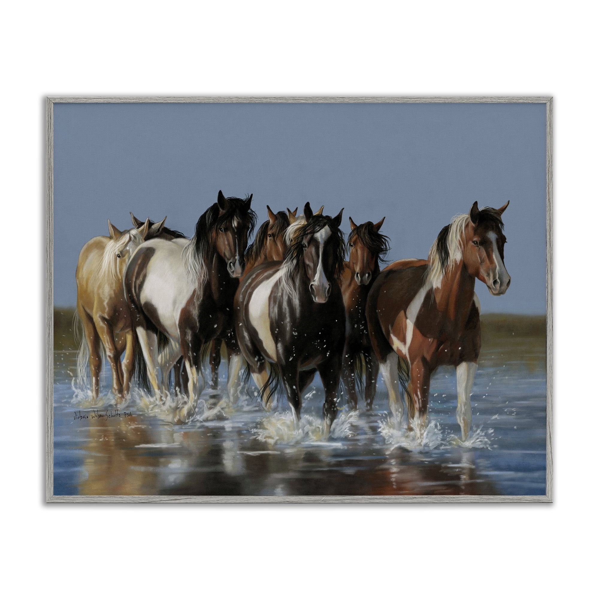 Stupell Industries Horses Running Through River Animals & Insects Painting Gray Framed Art Print Wall Art, 14 x 11