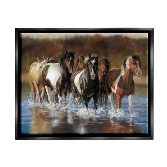 Stupell Industries Horses Splashing Shallow Pond Animals & Insects Painting Black Floater Framed Canvas Art Print Wall Art, 21 x 17