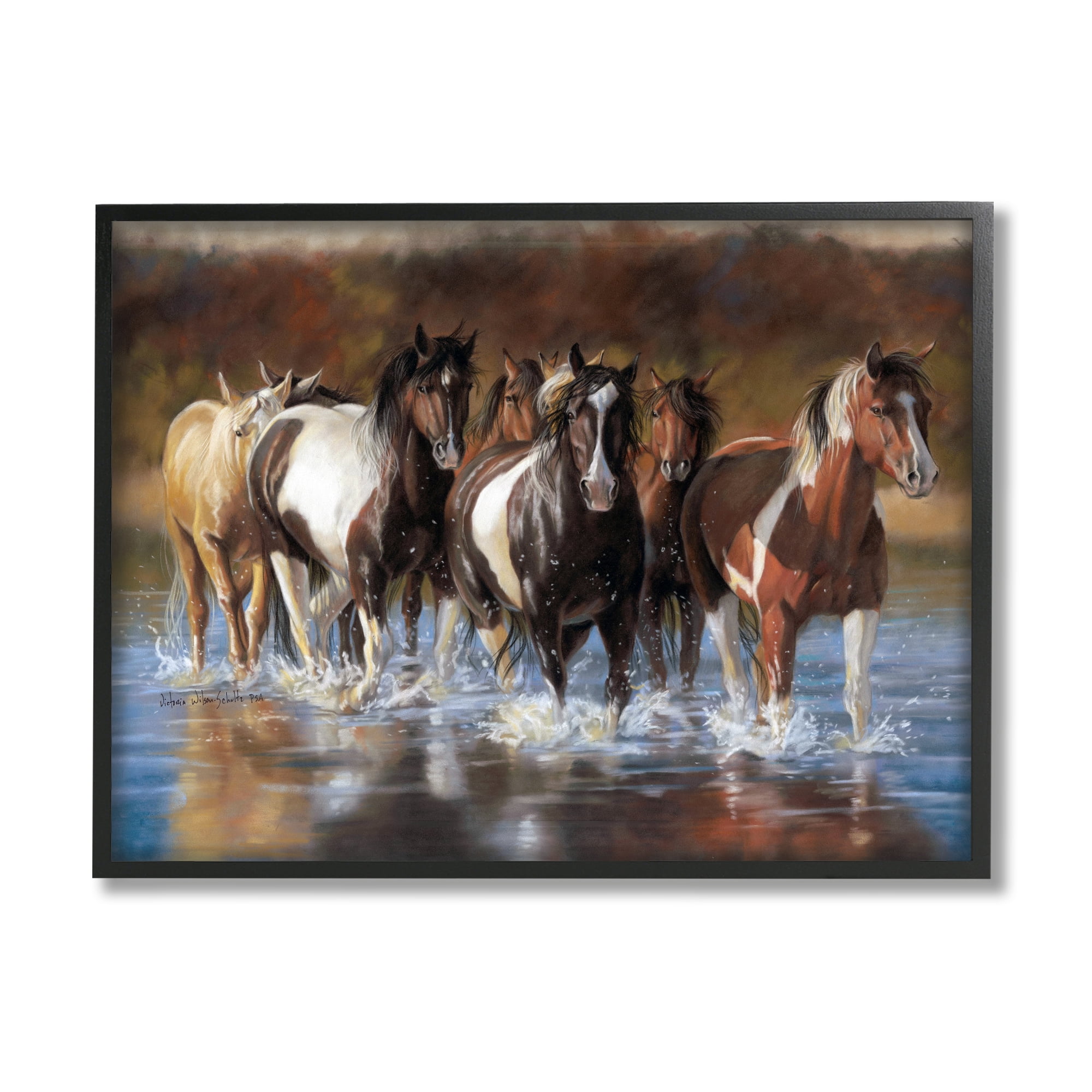 Stupell Industries Horses Splashing Shallow Pond Animals & Insects Painting Black Framed Art Print Wall Art, 14 x 11