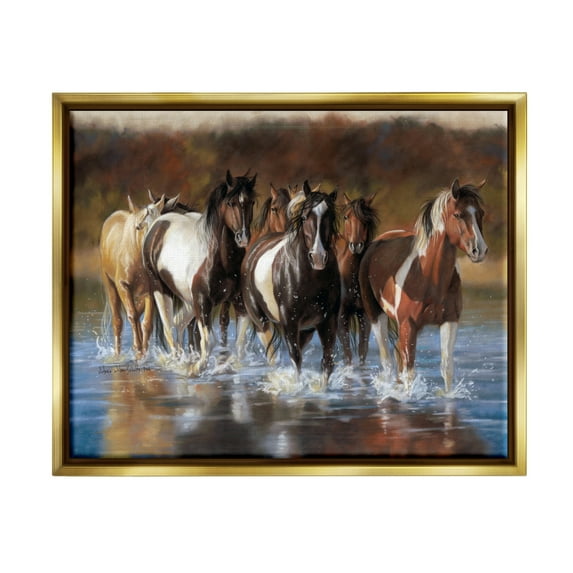 Stupell Industries Horses Splashing Shallow Pond Animals & Insects Painting Gold Floater Framed Canvas Art Print Wall Art, 21 x 17