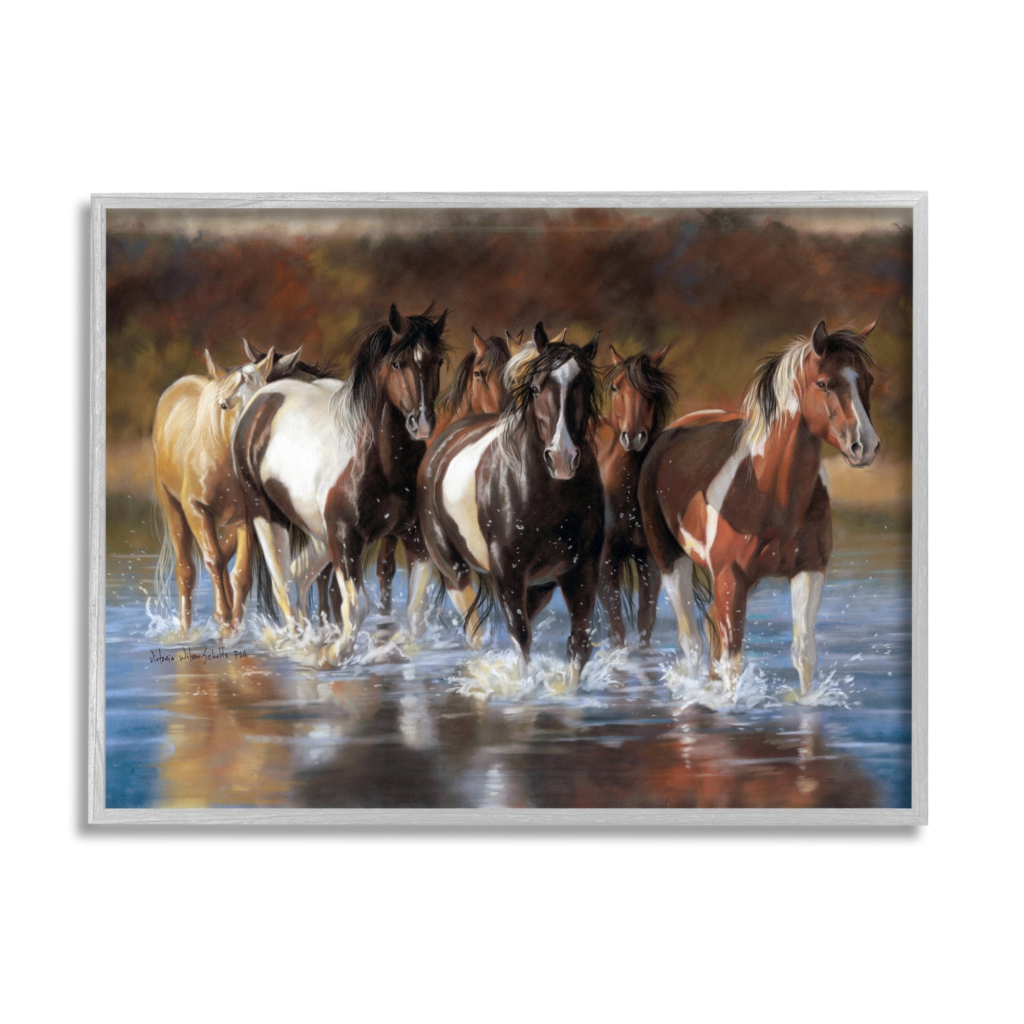 Stupell Industries Horses Splashing Shallow Pond Animals & Insects Painting Gray Framed Art Print Wall Art, 30 x 24