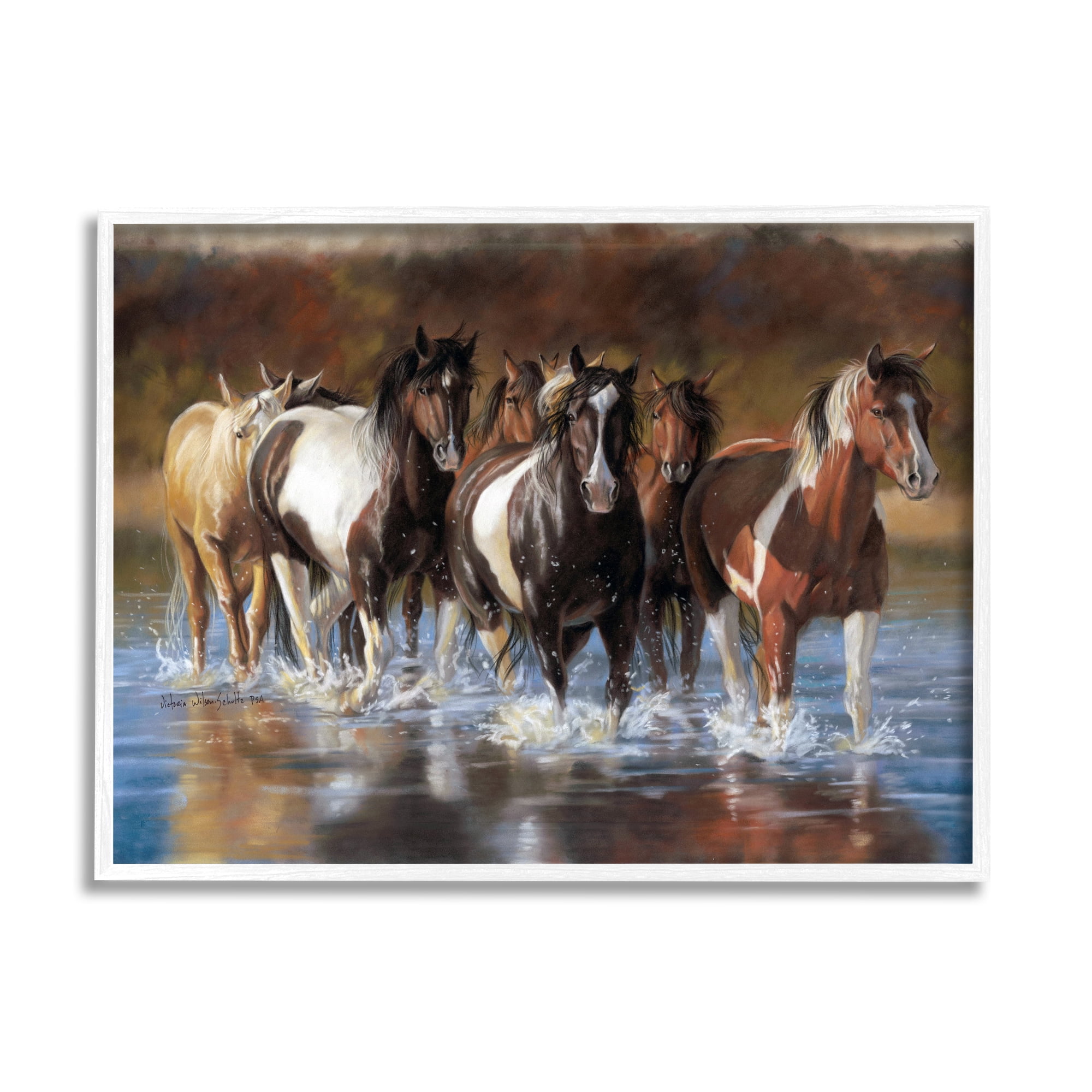 Stupell Industries Horses Splashing Shallow Pond Animals & Insects Painting White Framed Art Print Wall Art, 14 x 11