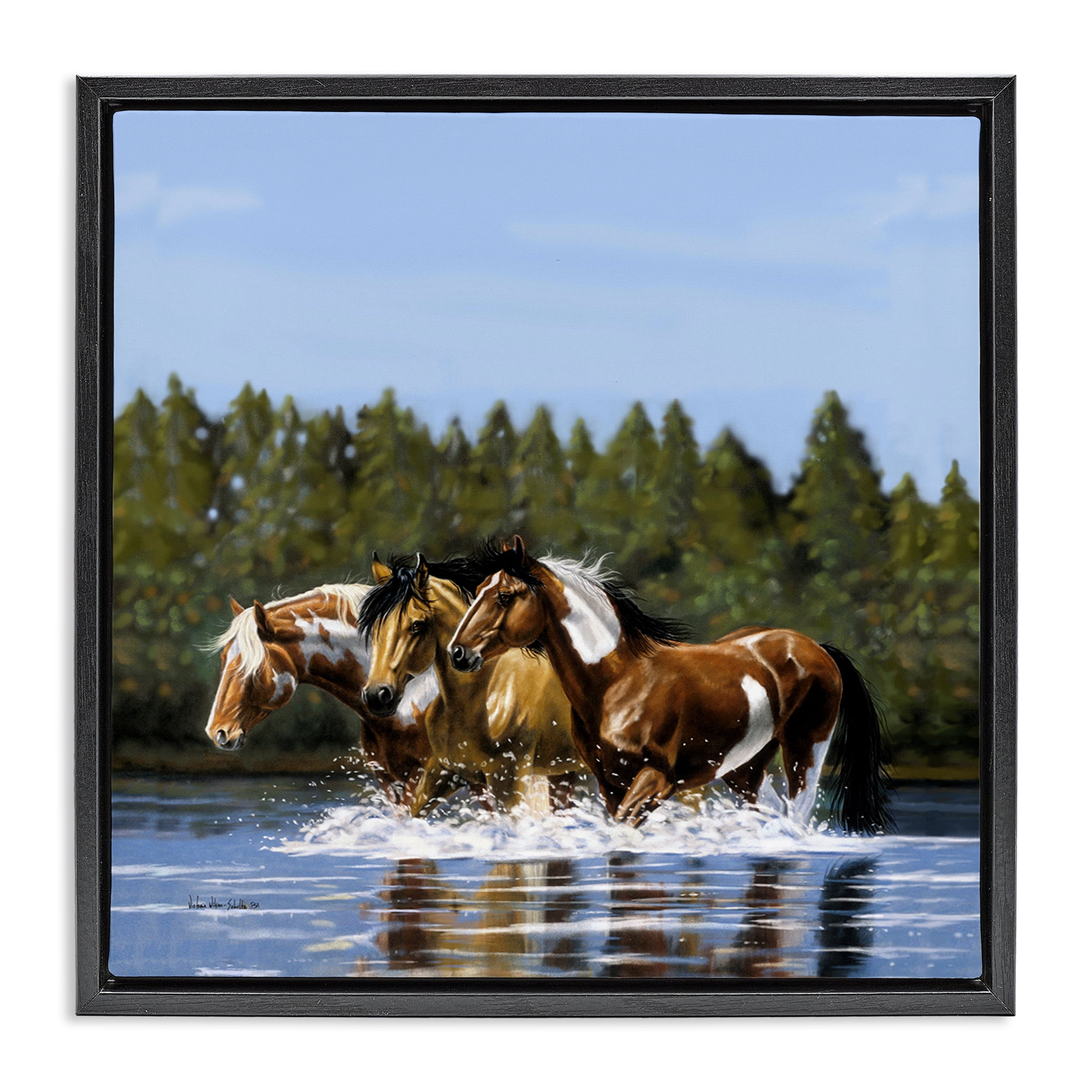 Stupell Industries Horses Upstream Splashing Animals & Insects Painting Black Floater Framed Canvas Art Print Wall Art, 25 x 25